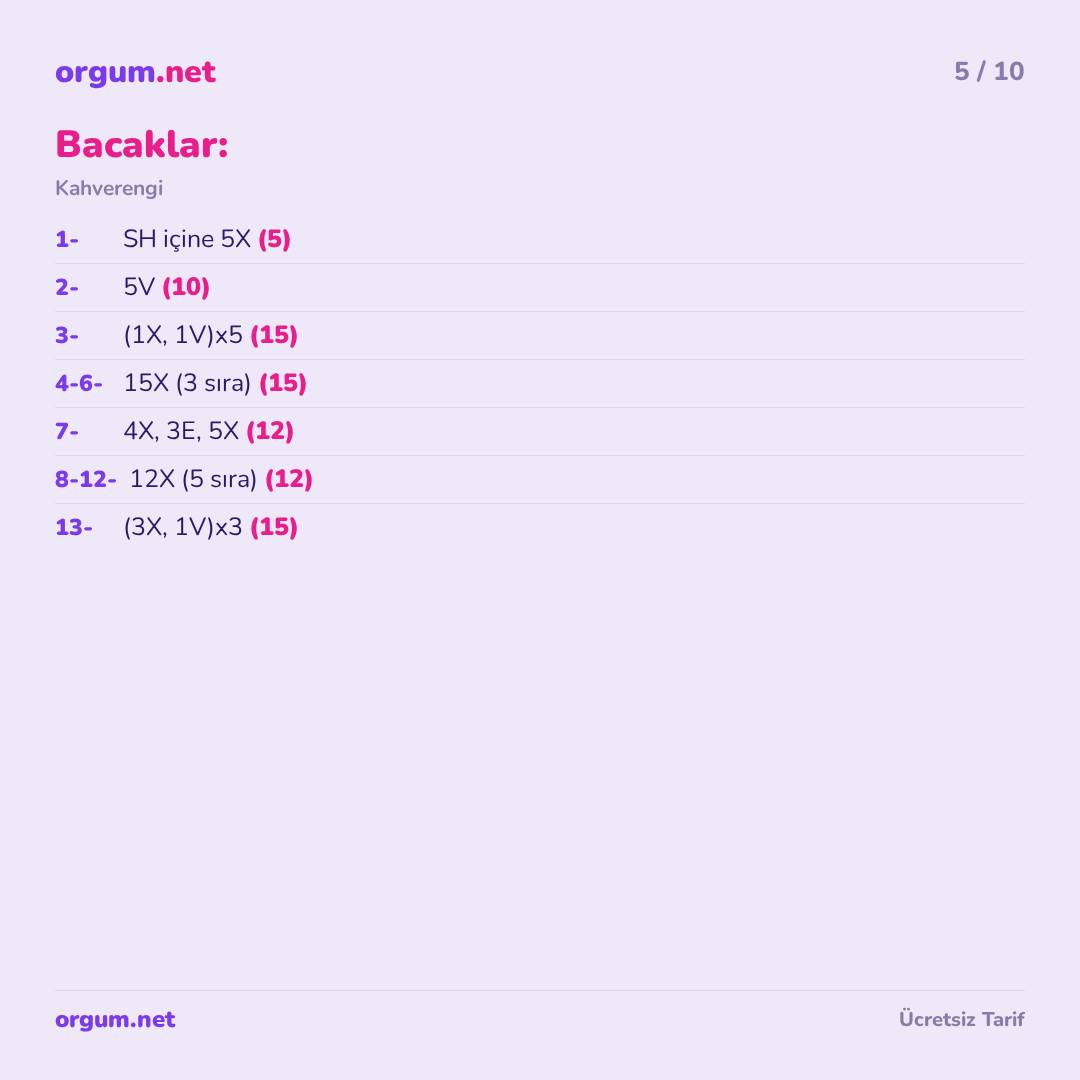 Hướng dẫn móc len gấu bông Ayıcık Lucia màu nâu và váy hồng, bảng hướng dẫn chi tiết từng phần bằng tiếng Thổ Nhĩ Kỳ