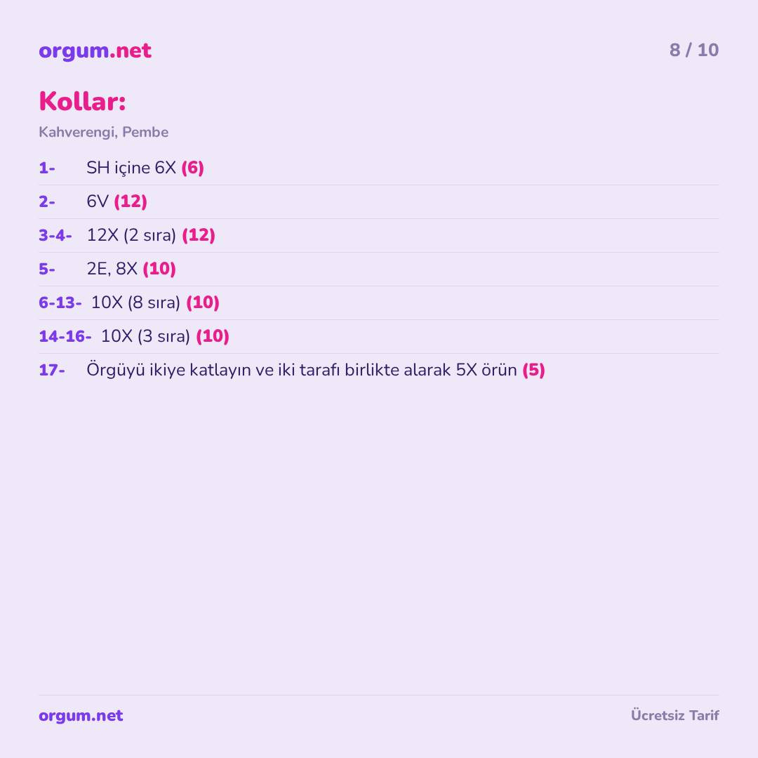 Hướng dẫn móc len gấu bông Ayıcık Lucia màu nâu và váy hồng, bảng hướng dẫn chi tiết từng phần bằng tiếng Thổ Nhĩ Kỳ
