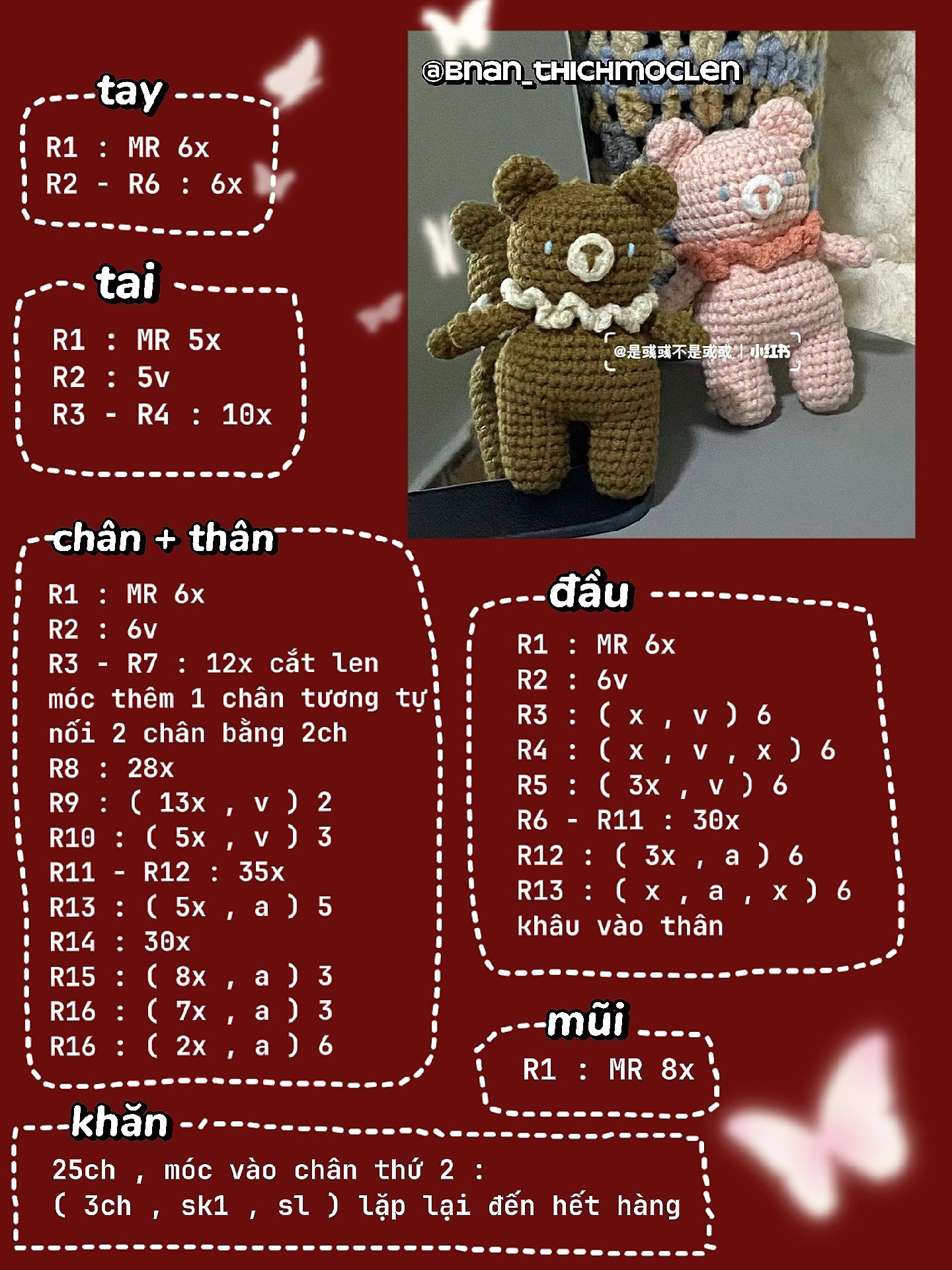 Hướng dẫn móc len gấu couple dễ thương màu nâu và hồng kèm khăn