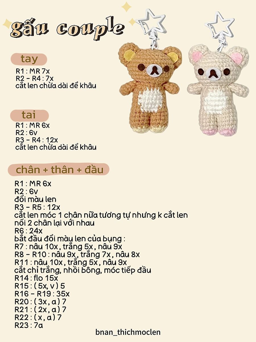 Hướng dẫn móc len gấu couple dễ thương màu nâu và hồng kèm khăn