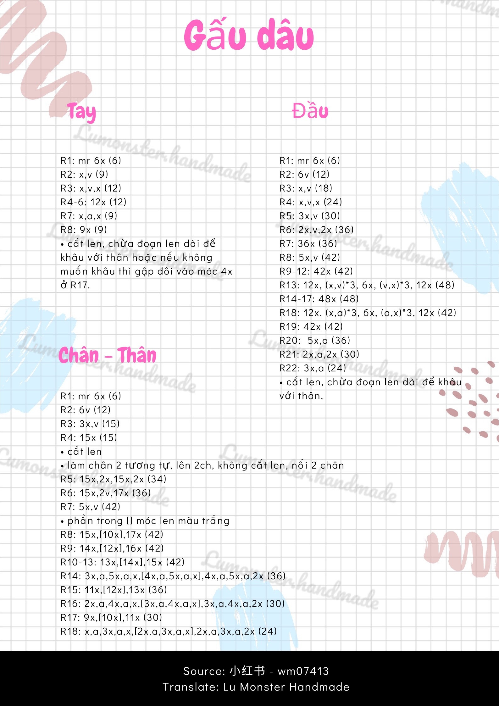 Hướng dẫn móc len Gấu dâu màu hồng trắng