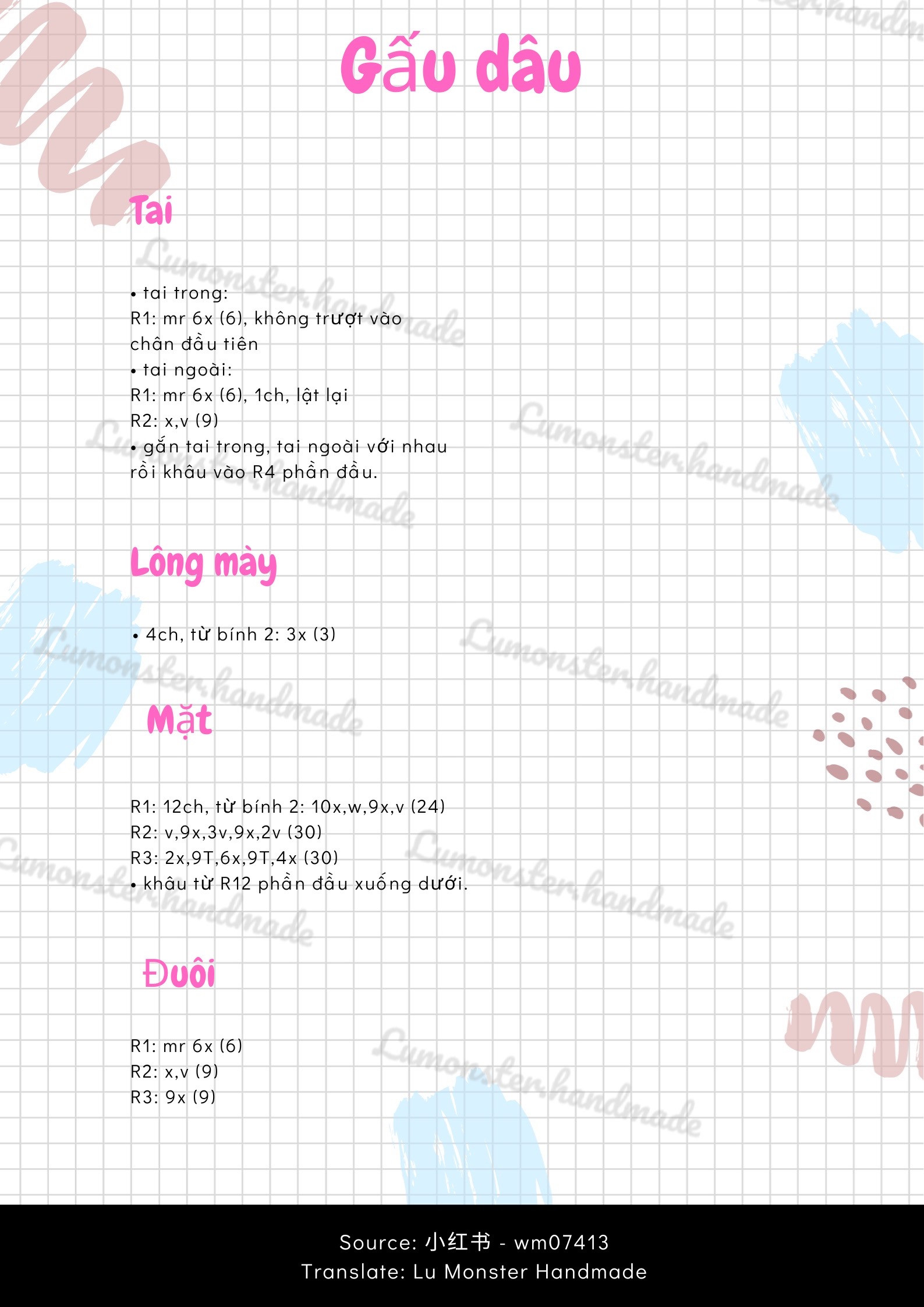 Hướng dẫn móc len Gấu dâu màu hồng trắng