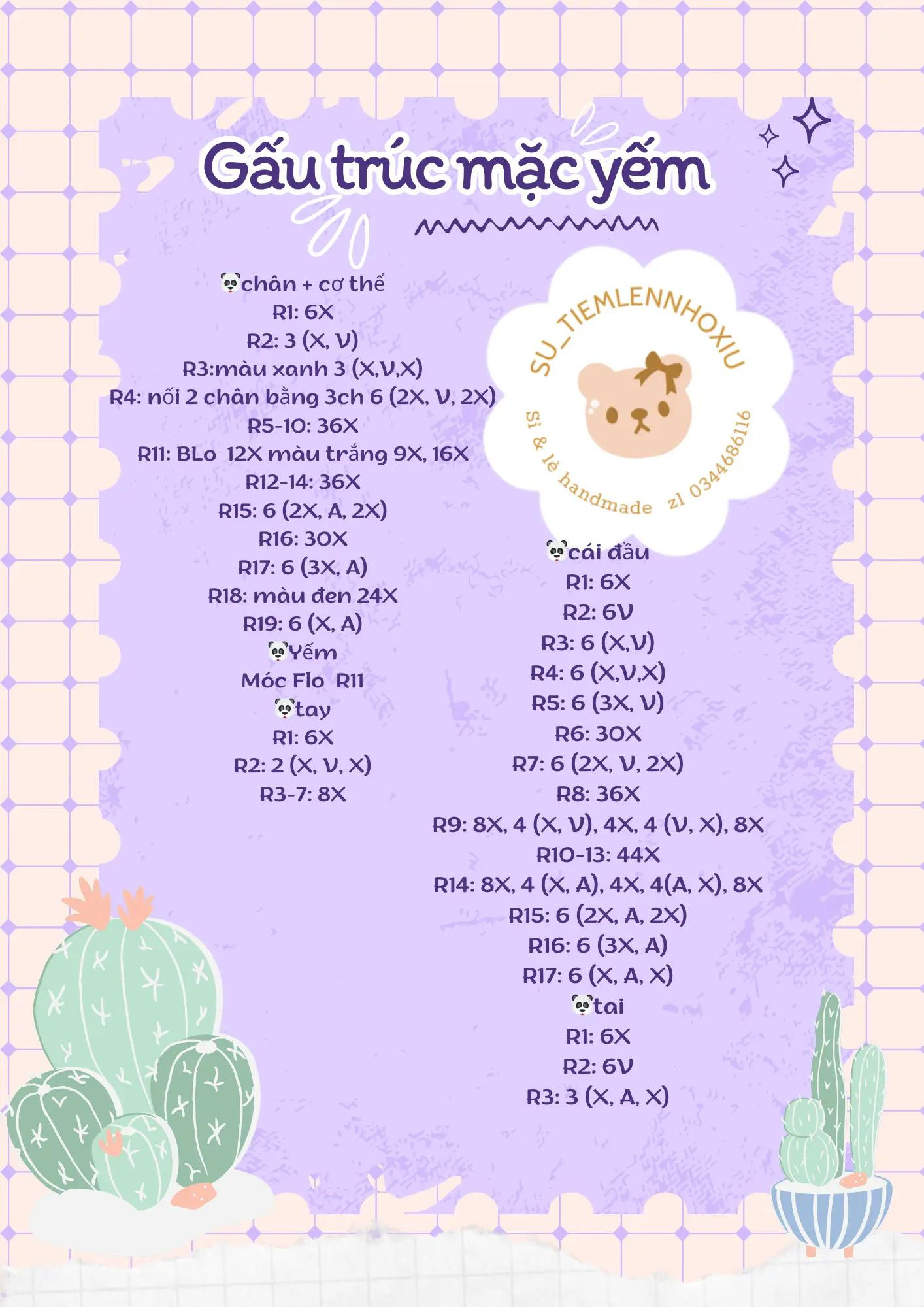 Hướng dẫn móc len Gấu trúc mặc yếm dễ thương, bảng chart chi tiết từng hàng