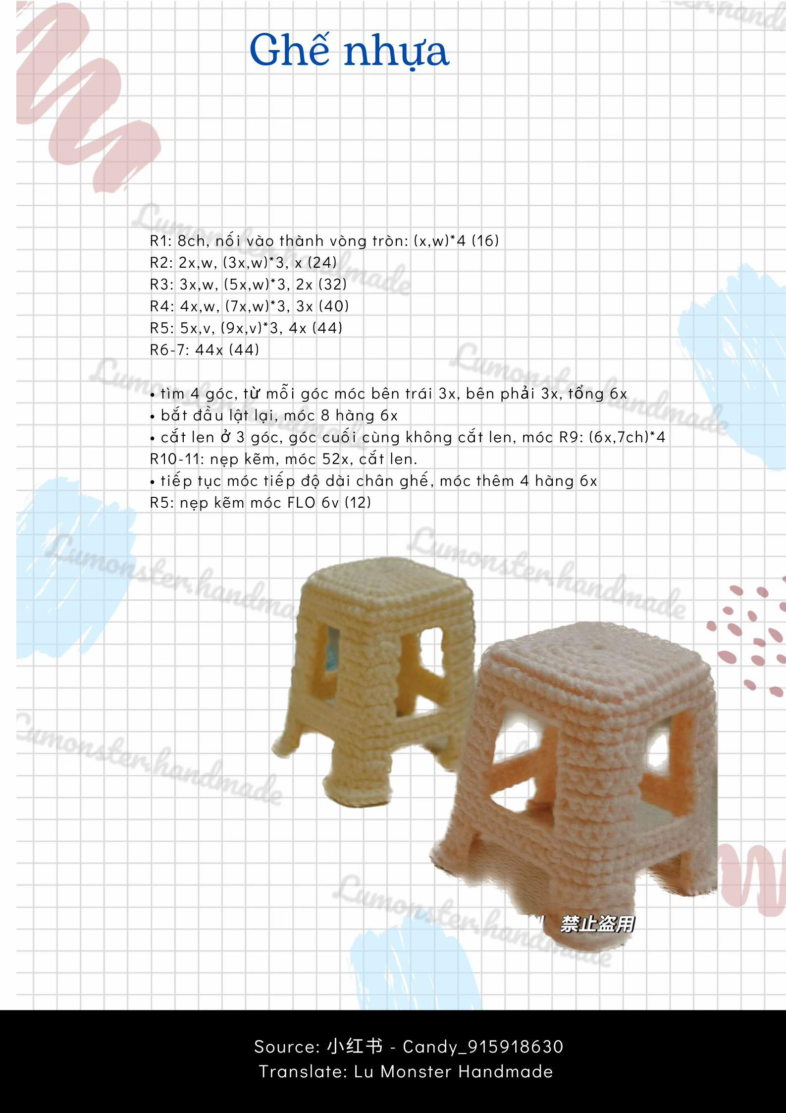 Hướng dẫn móc len ghế nhựa mini màu sắc dễ thương, mẫu đồ decor handmade