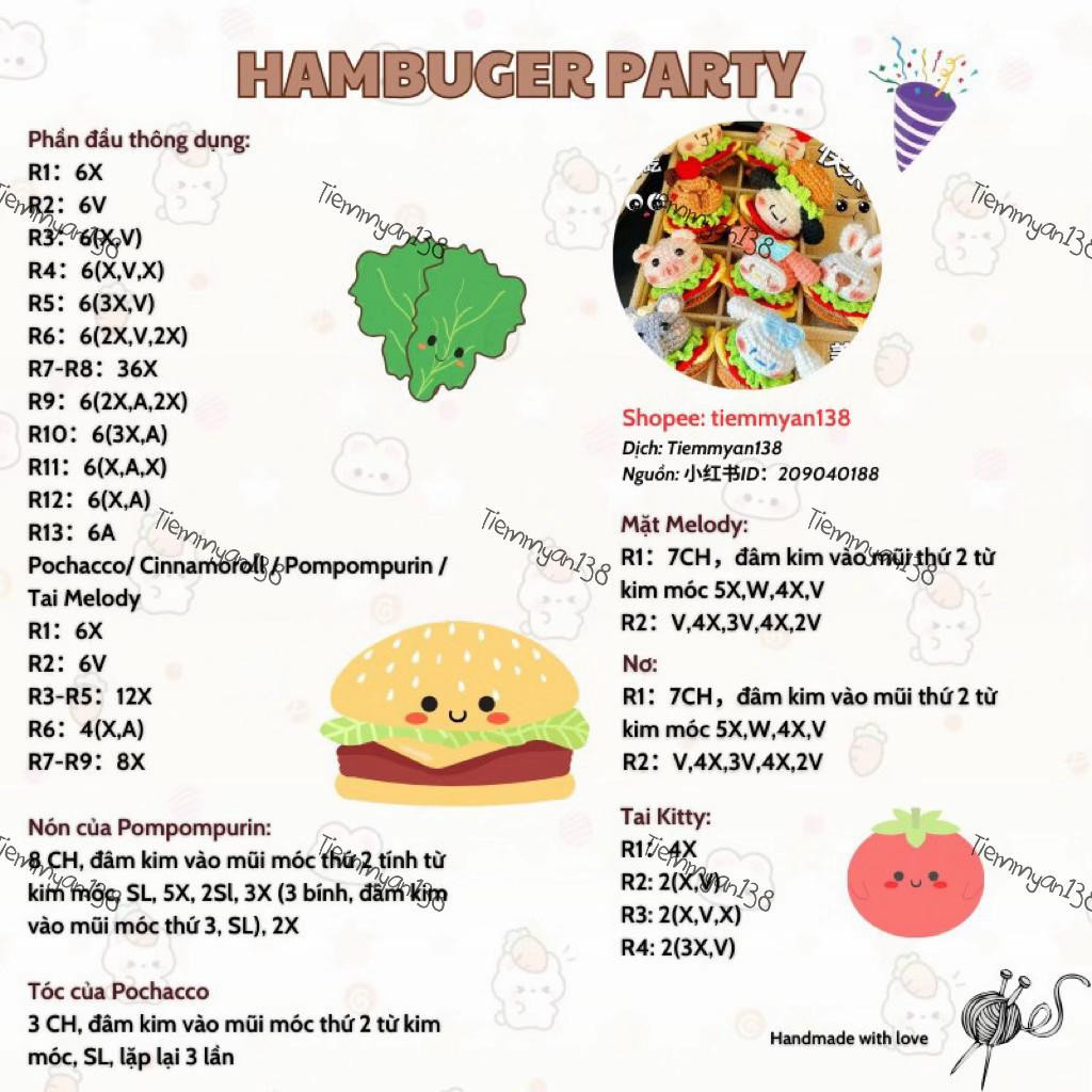 Hướng dẫn móc len Hamburger Party dễ thương