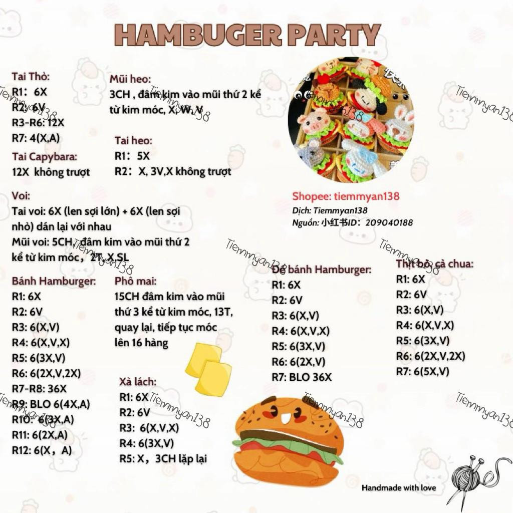Hướng dẫn móc len Hamburger Party dễ thương
