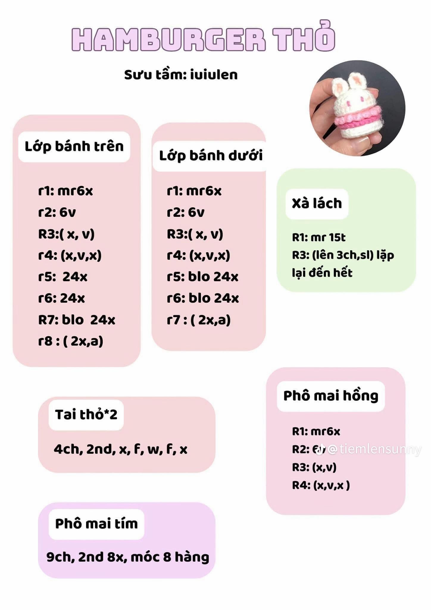 Hướng dẫn móc len Hamburger Thỏ màu hồng trắng