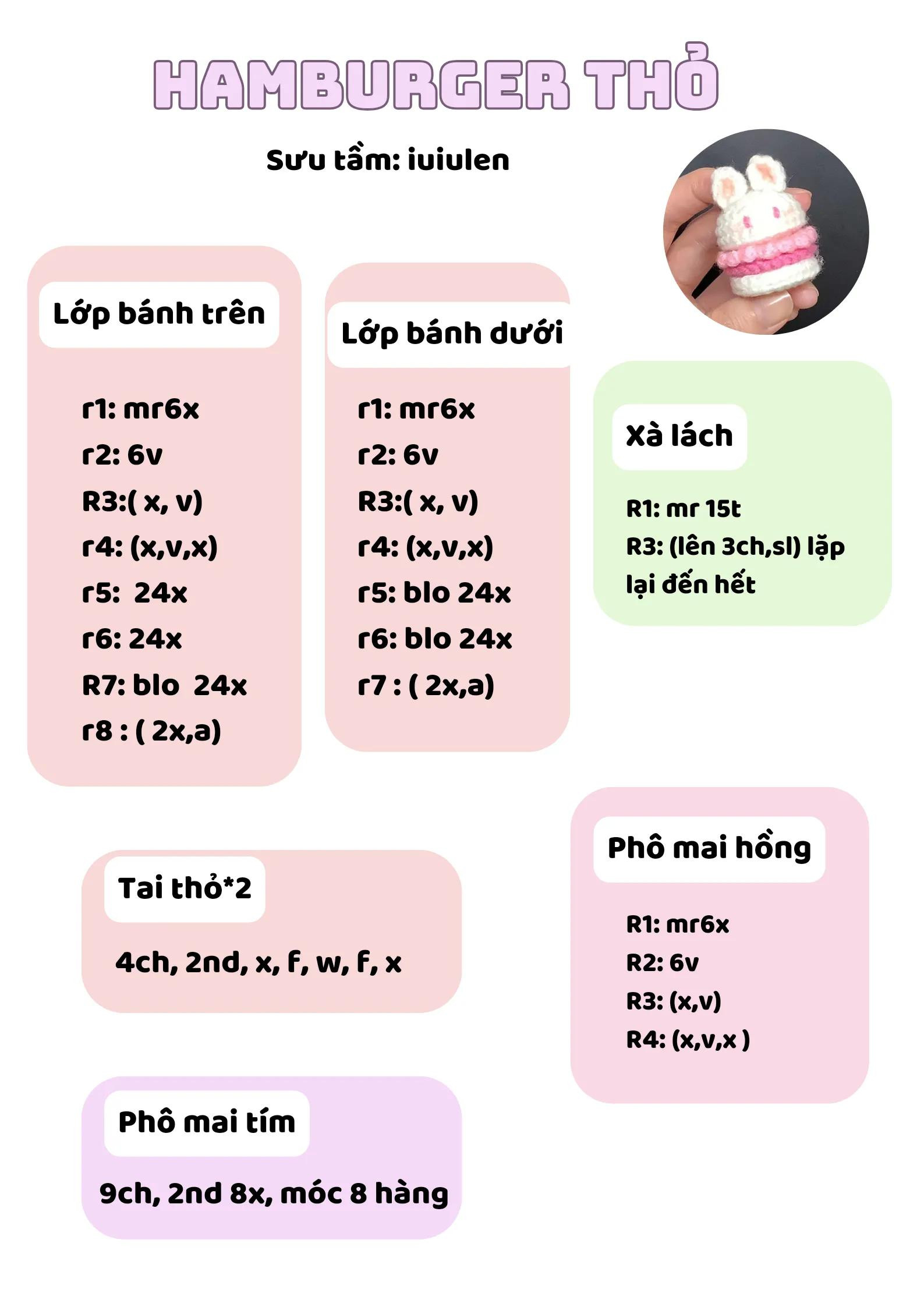 Hướng dẫn móc len Hamburger Thỏ màu hồng trắng dễ thương