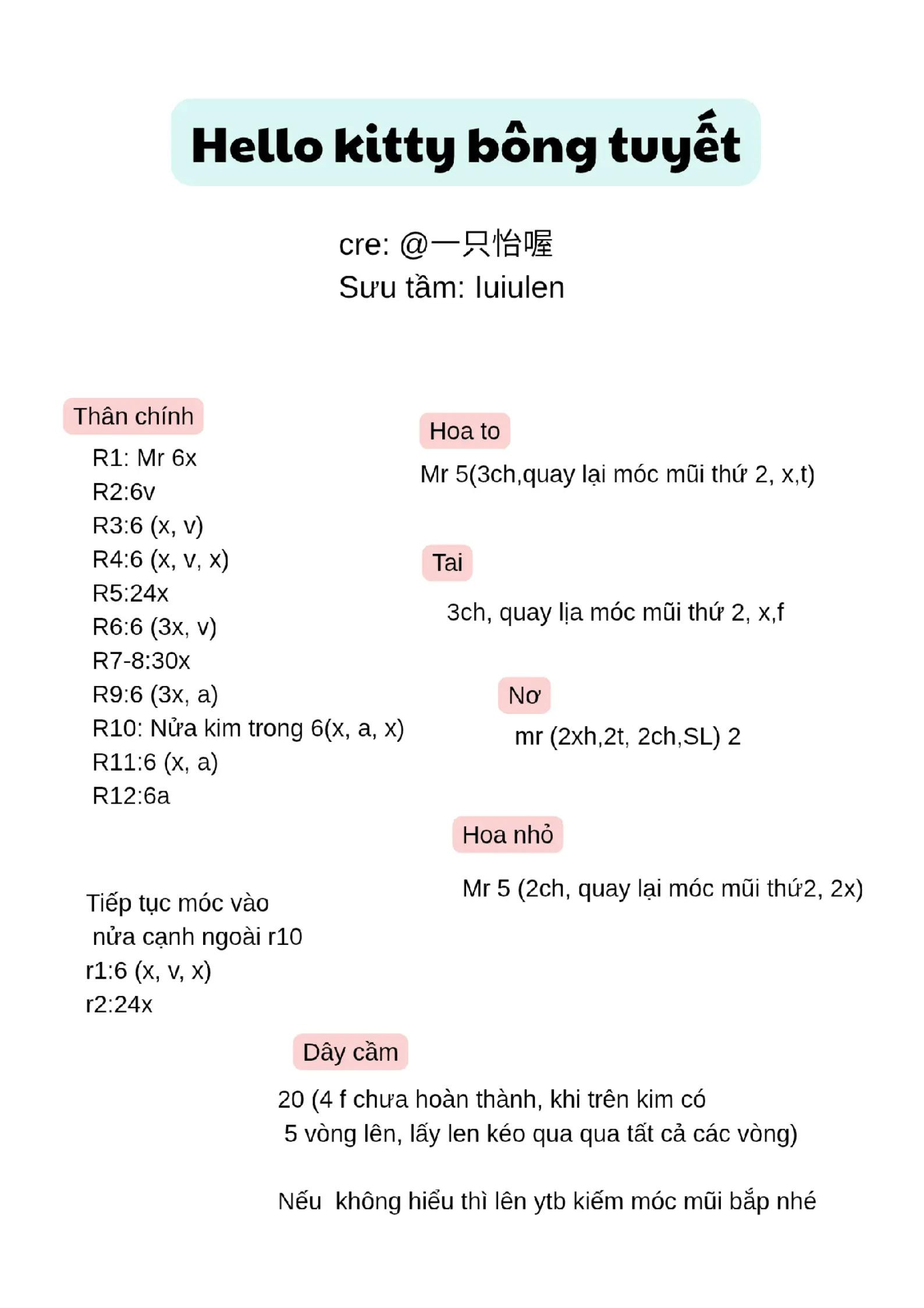 Hướng dẫn móc len Hello Kitty bông tuyết Noel