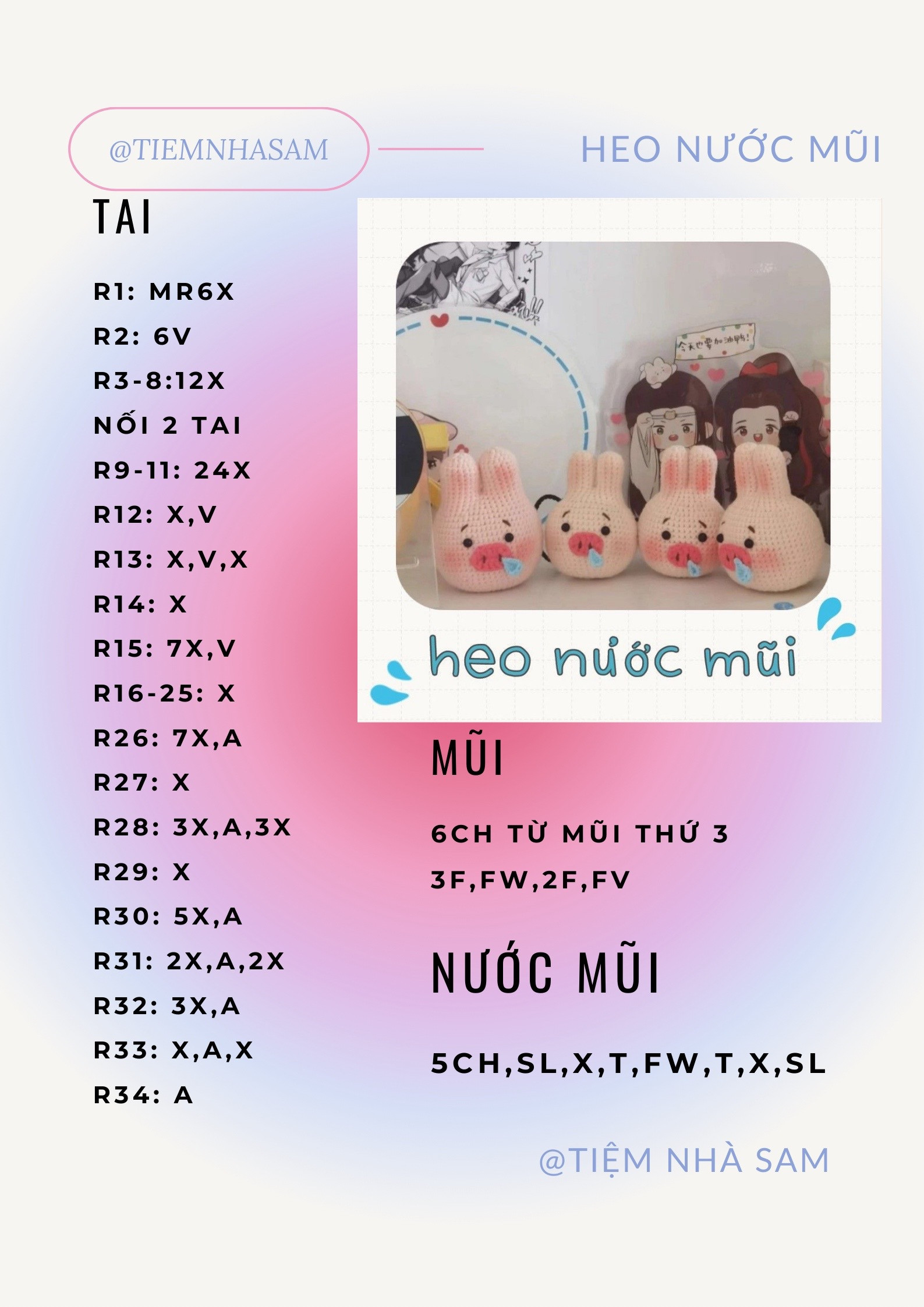 Hướng dẫn móc len Heo nước mũi dễ thương màu hồng