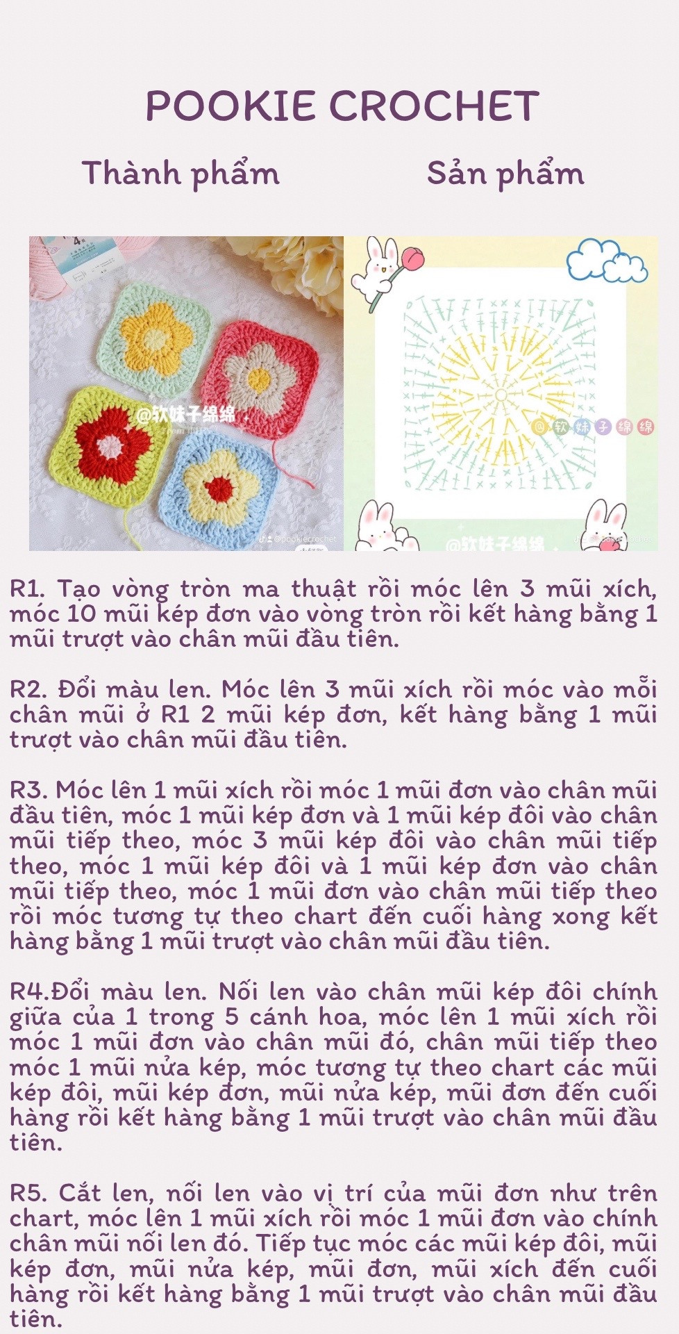 Hướng dẫn móc len hoa Granny Square nhiều màu sắc