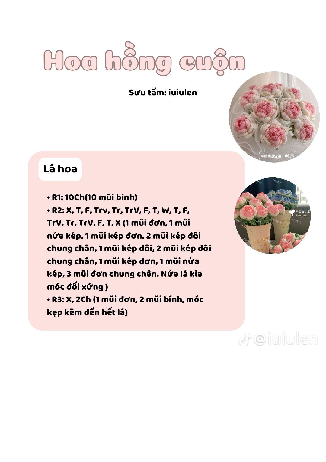 Hướng dẫn móc len hoa hồng cuộn màu hồng và xanh