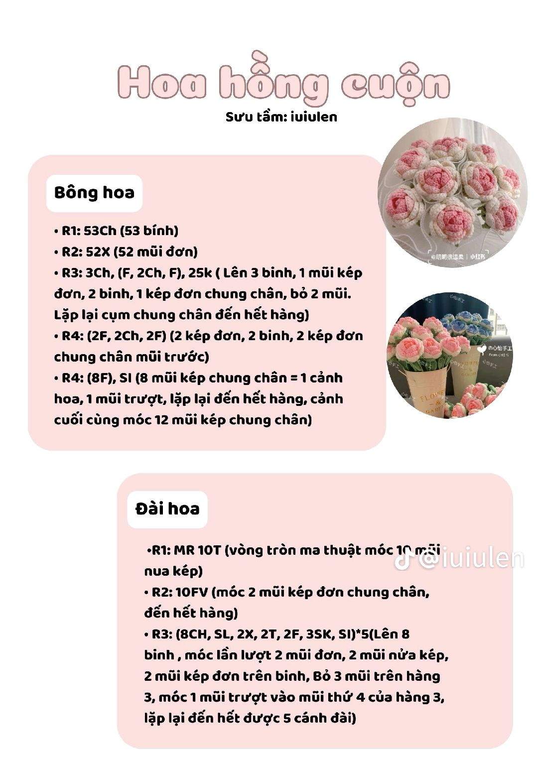 Hướng dẫn móc len hoa hồng cuộn màu hồng và xanh