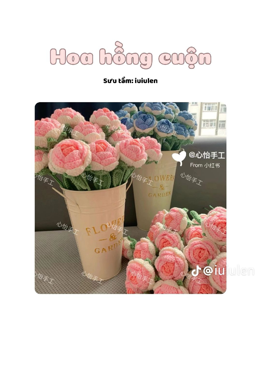 Hướng dẫn móc len hoa hồng cuộn màu hồng và xanh