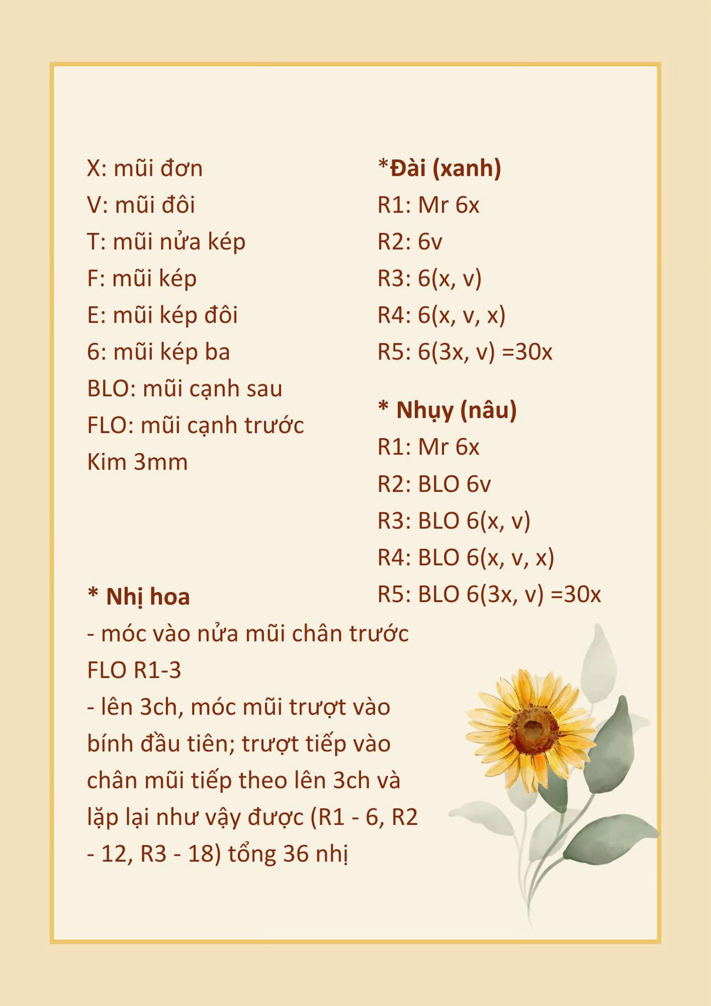 Hướng dẫn móc len hoa hướng dương chi tiết: cách làm cánh, nhụy, đài và lá