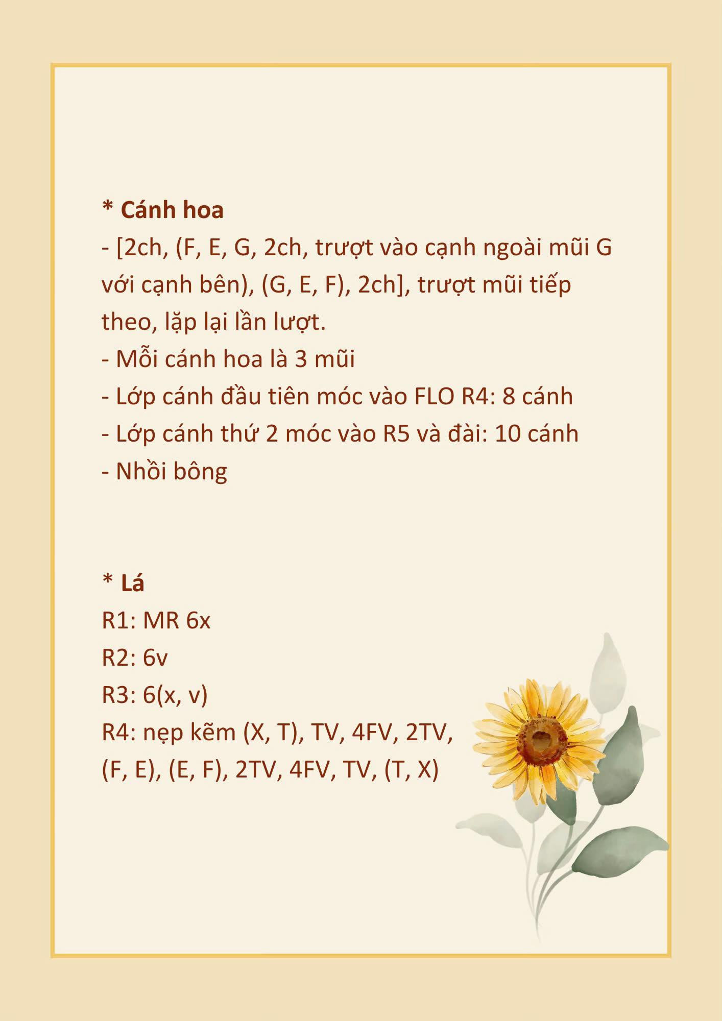 Hướng dẫn móc len hoa hướng dương chi tiết: cách làm cánh, nhụy, đài và lá