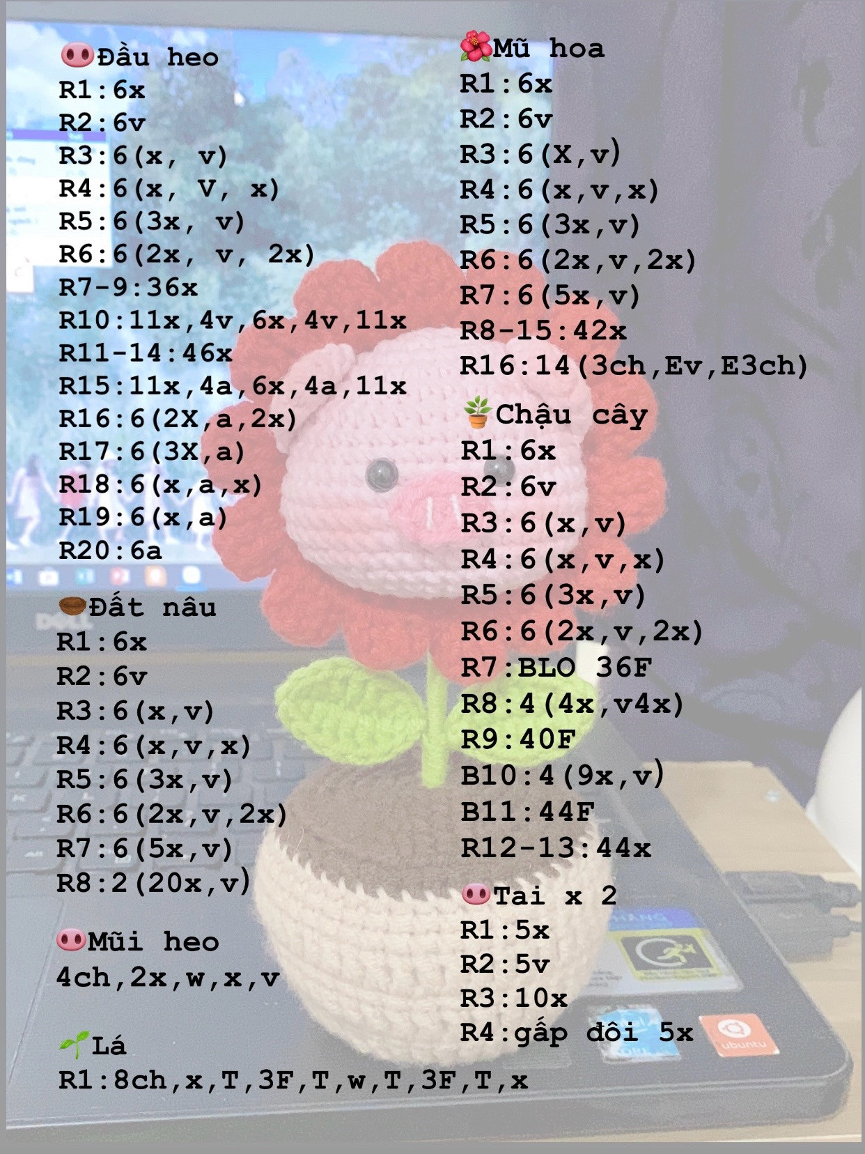 Hướng dẫn móc len hoa hướng dương đầu heo dễ thương, bảng chart chi tiết từng phần