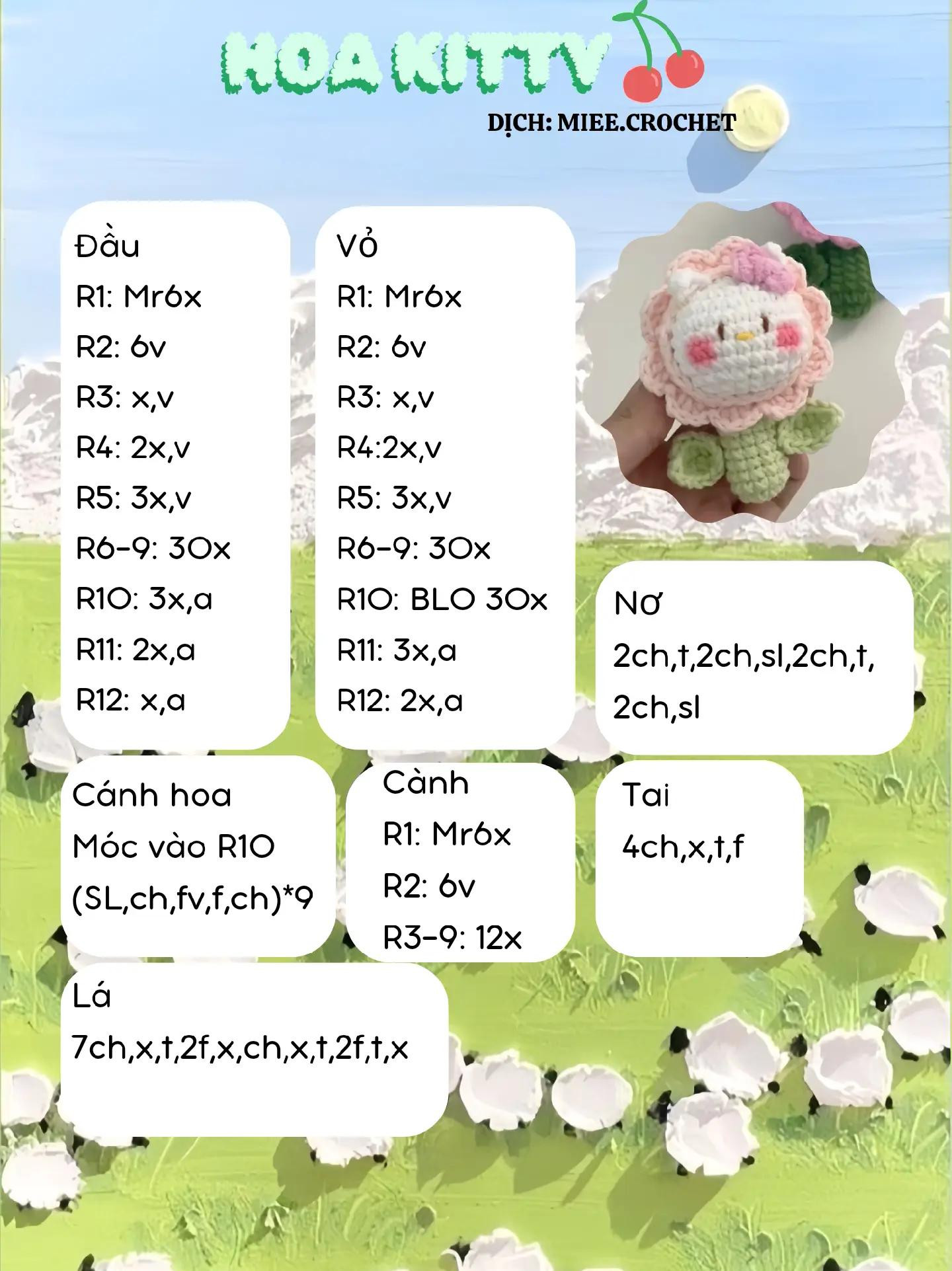 Hướng dẫn móc len Hoa Kitty dễ thương, bảng chart chi tiết từng phần đầu, vỏ, cánh hoa