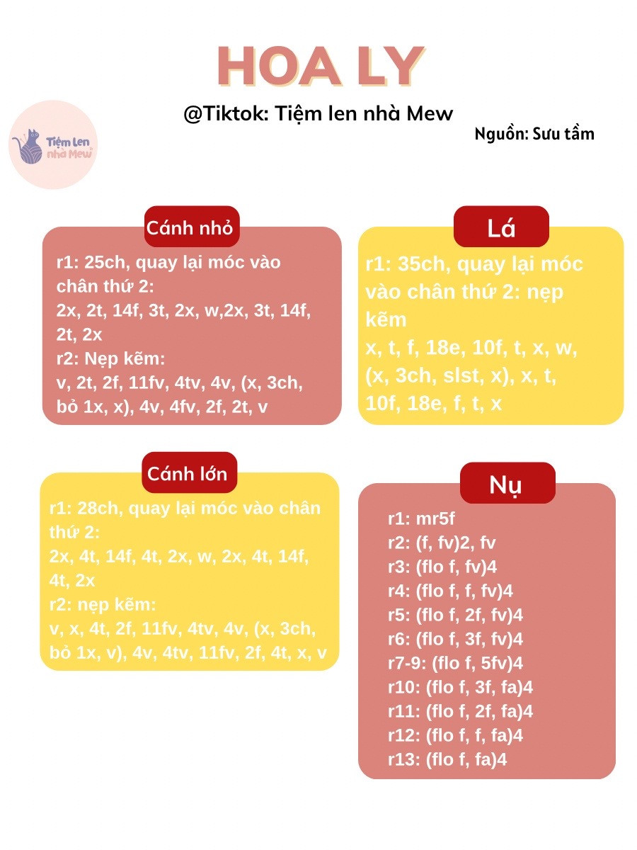 Hướng dẫn móc len Hoa Ly chi tiết từng phần cánh, lá và nụ