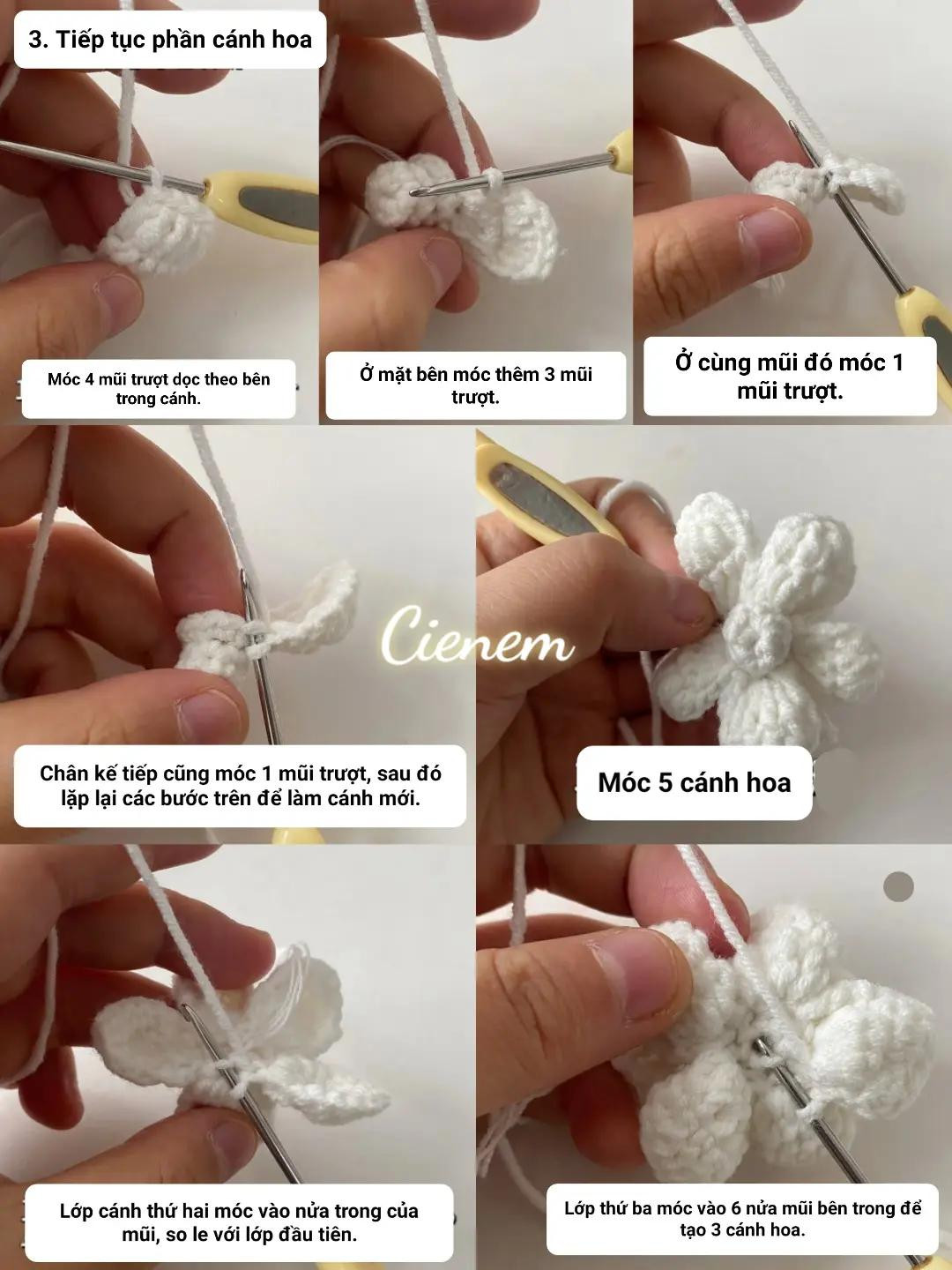 Hướng dẫn móc len hoa nhài trắng làm khóa trang trí