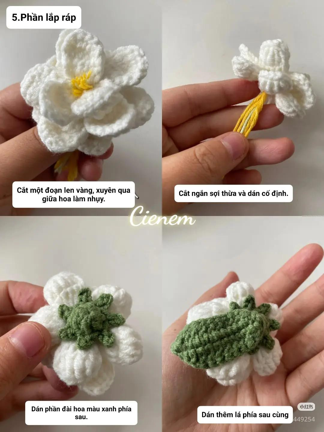 Hướng dẫn móc len hoa nhài trắng làm khóa trang trí