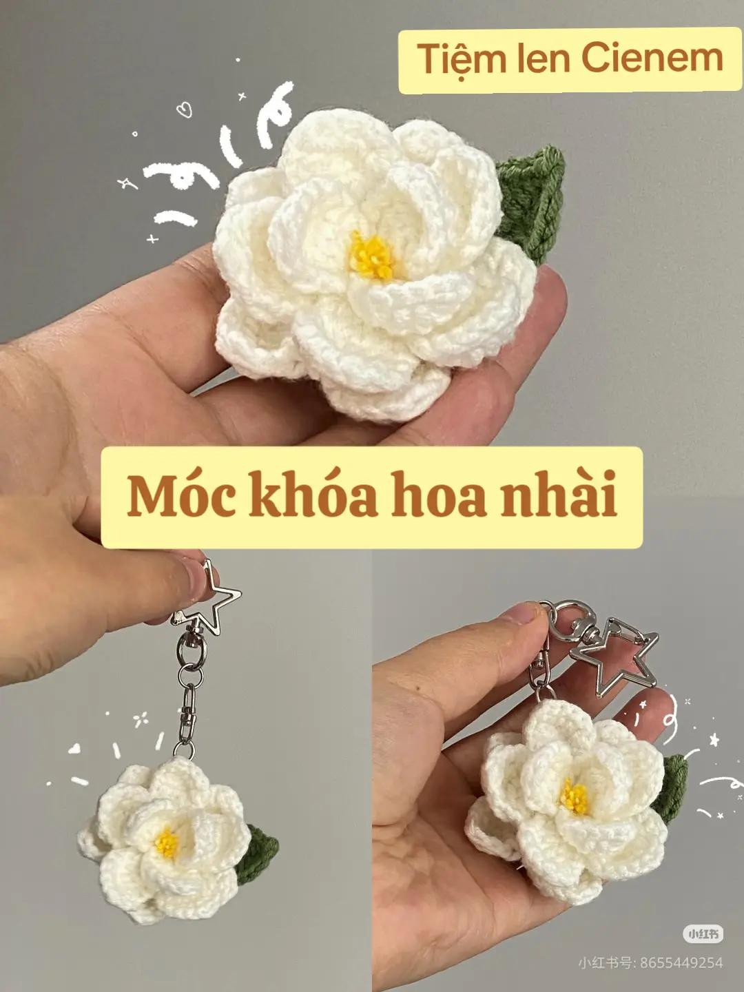 Hướng dẫn móc len hoa nhài trắng làm khóa trang trí