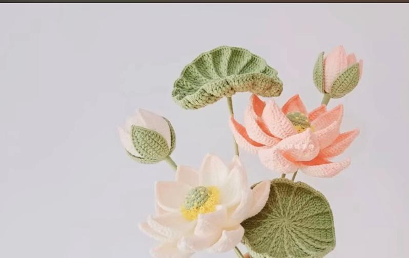 Hướng dẫn móc len hoa sen hồng và lá xanh chi tiết từng hàng