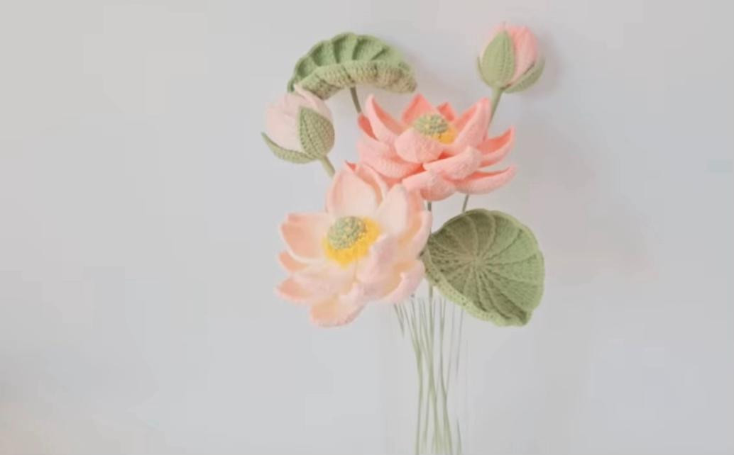 Hướng dẫn móc len hoa sen hồng và lá xanh chi tiết từng hàng