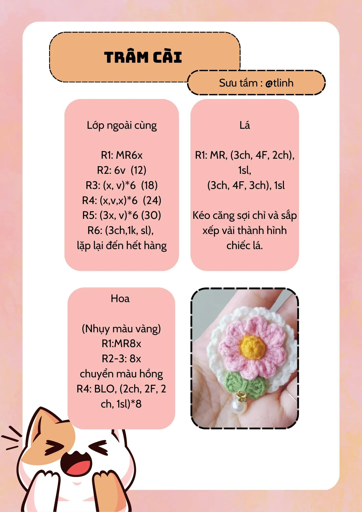 Hướng dẫn móc len hoa Trâm Cải hồng vàng