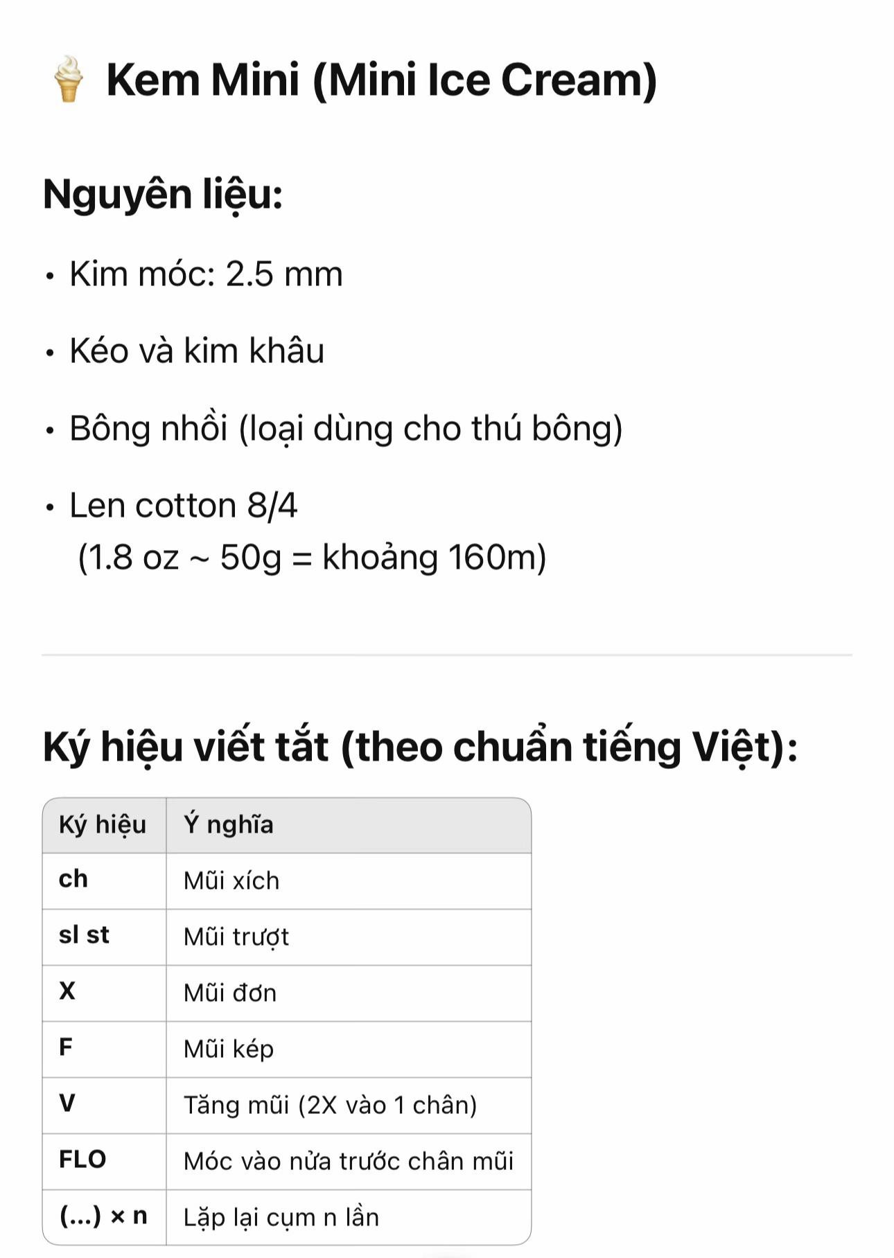 Hướng dẫn móc len Kem Mini - Chart chi tiết từng bước
