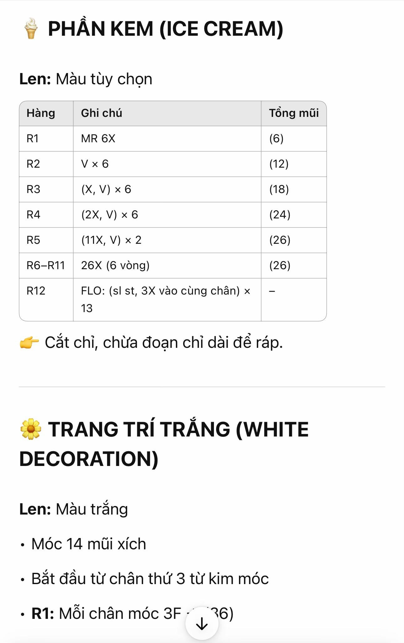 Hướng dẫn móc len Kem Mini - Chart chi tiết từng bước