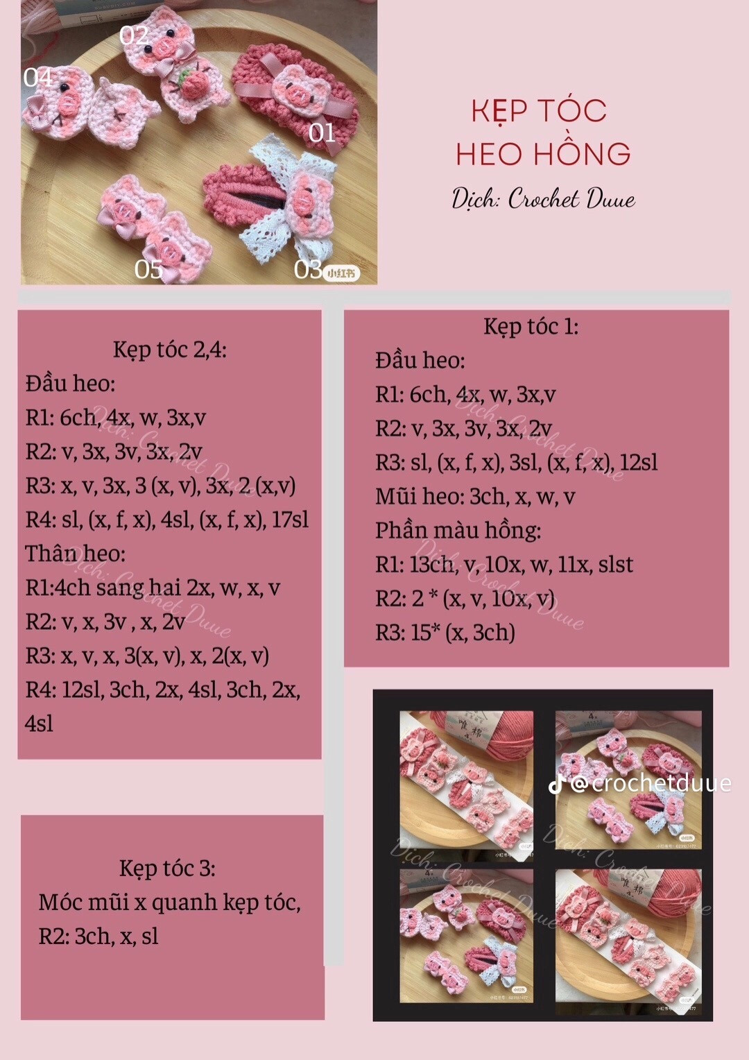 Hướng dẫn móc len kẹp tóc hình heo hồng và gấu teddy dễ thương, bảng chart chi tiết từng hàng