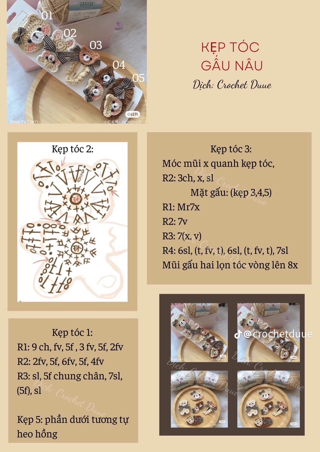 Hướng dẫn móc len kẹp tóc hình heo hồng và gấu teddy dễ thương, bảng chart chi tiết từng hàng