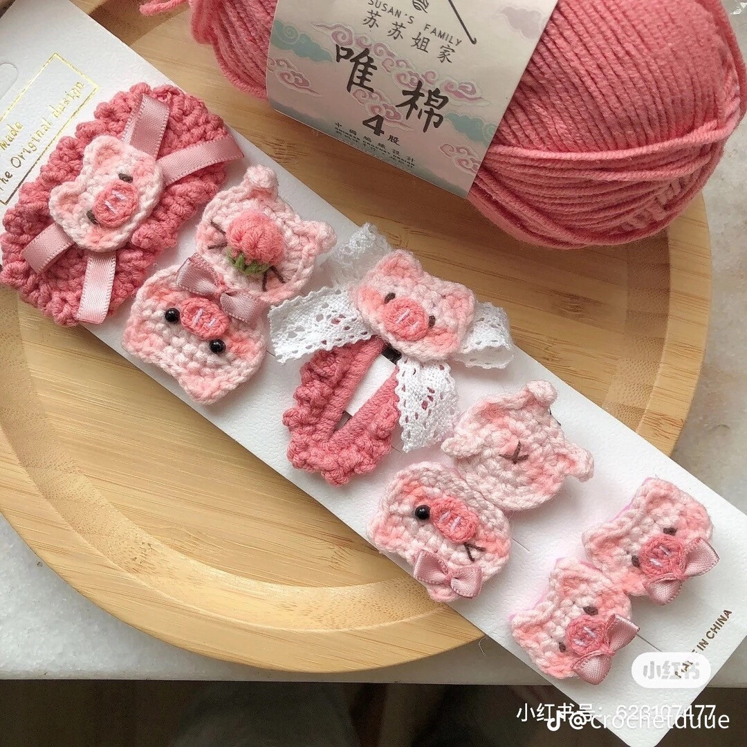 Hướng dẫn móc len kẹp tóc hình heo hồng và gấu teddy dễ thương, bảng chart chi tiết từng hàng