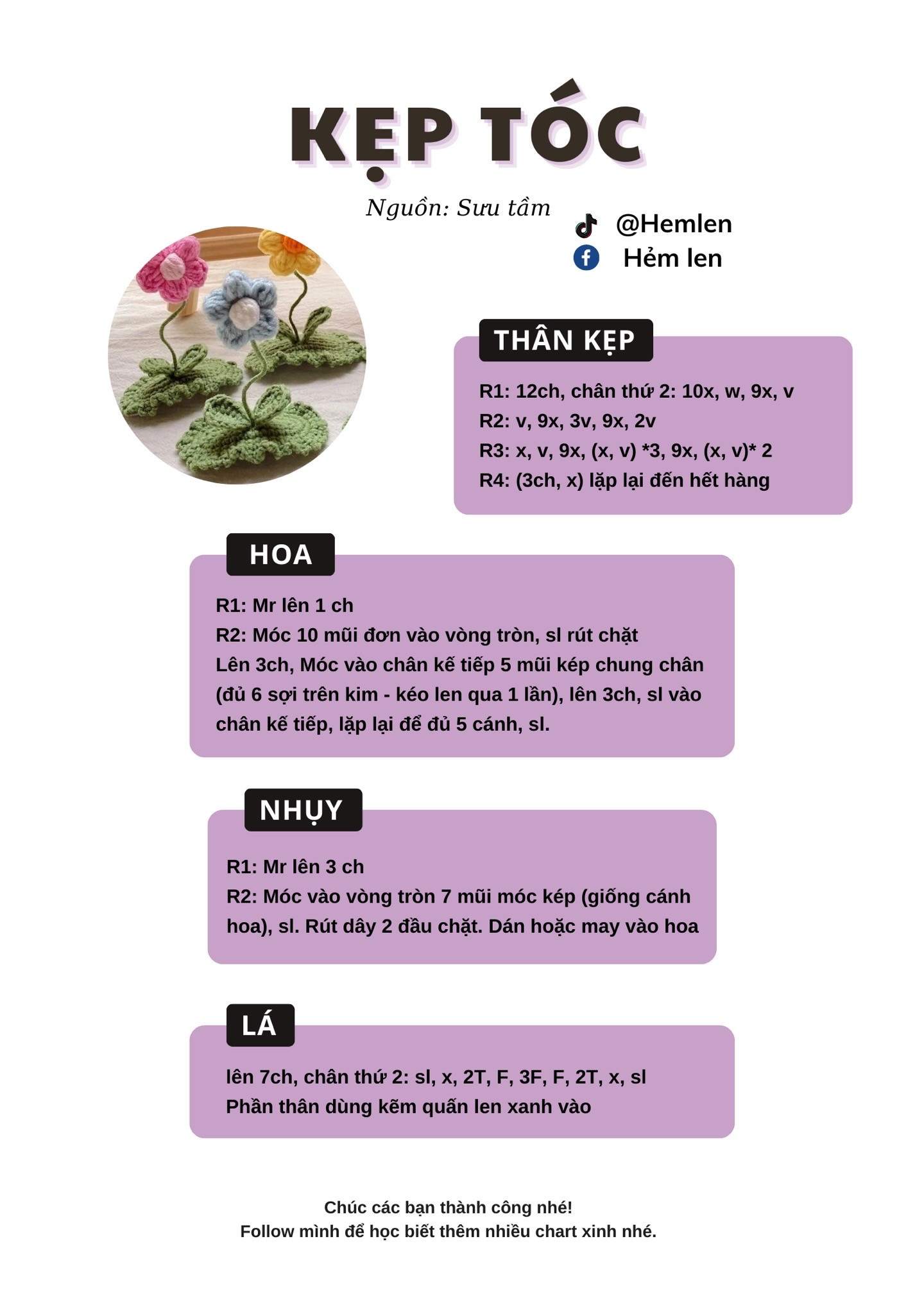 Hướng dẫn móc len kẹp tóc hoa nhiều màu sắc dễ thương