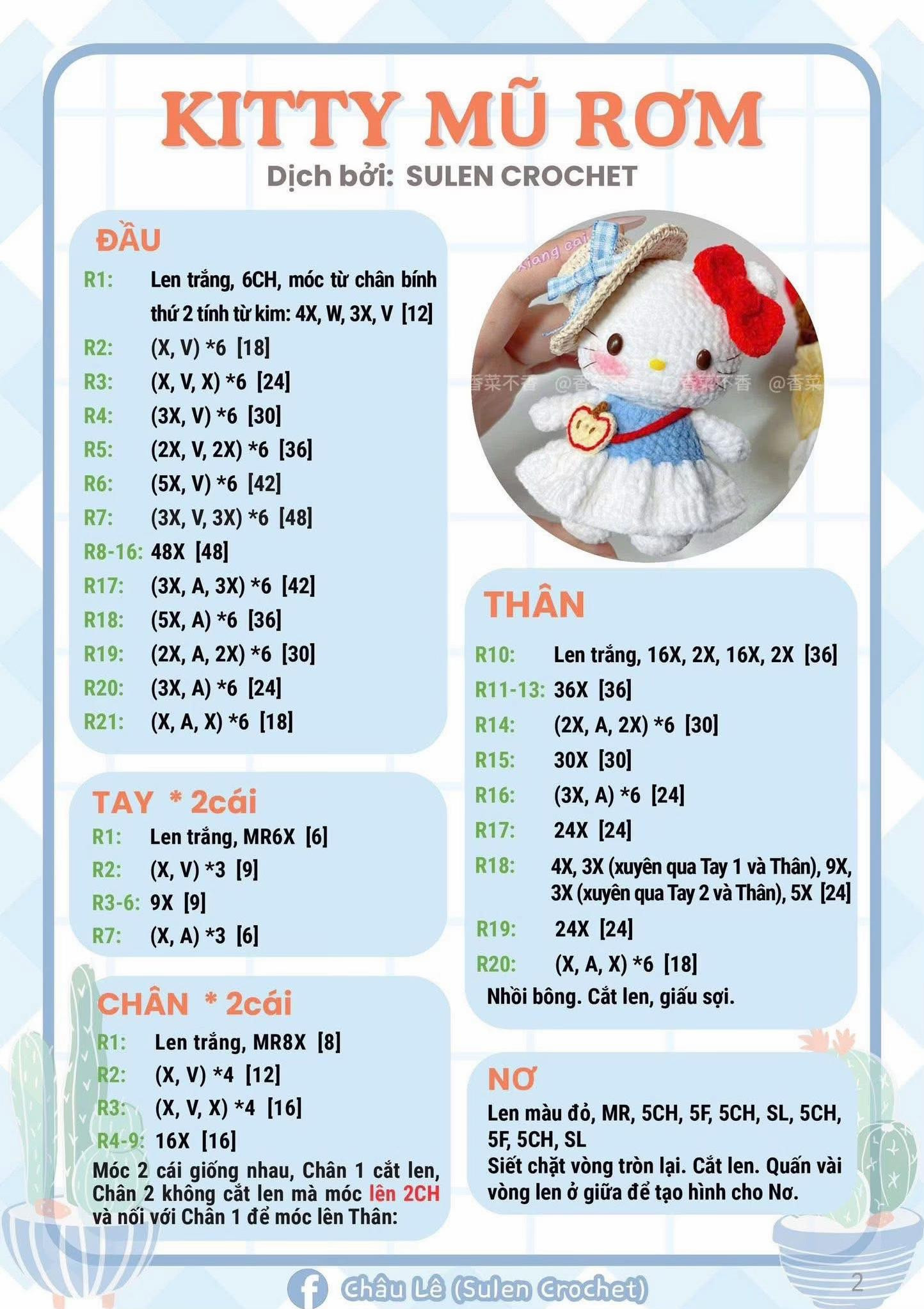 Hướng dẫn móc len Kitty Mũ Rơm và Đầu Bếp dễ thương