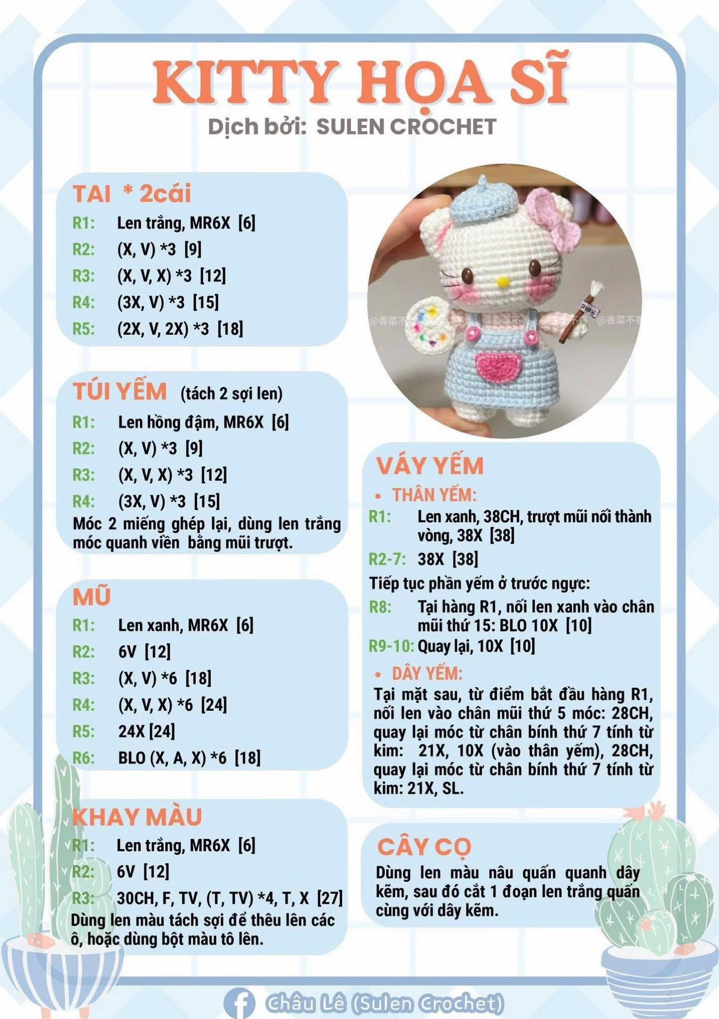 Hướng dẫn móc len Kitty Mũ Rơm và Đầu Bếp dễ thương