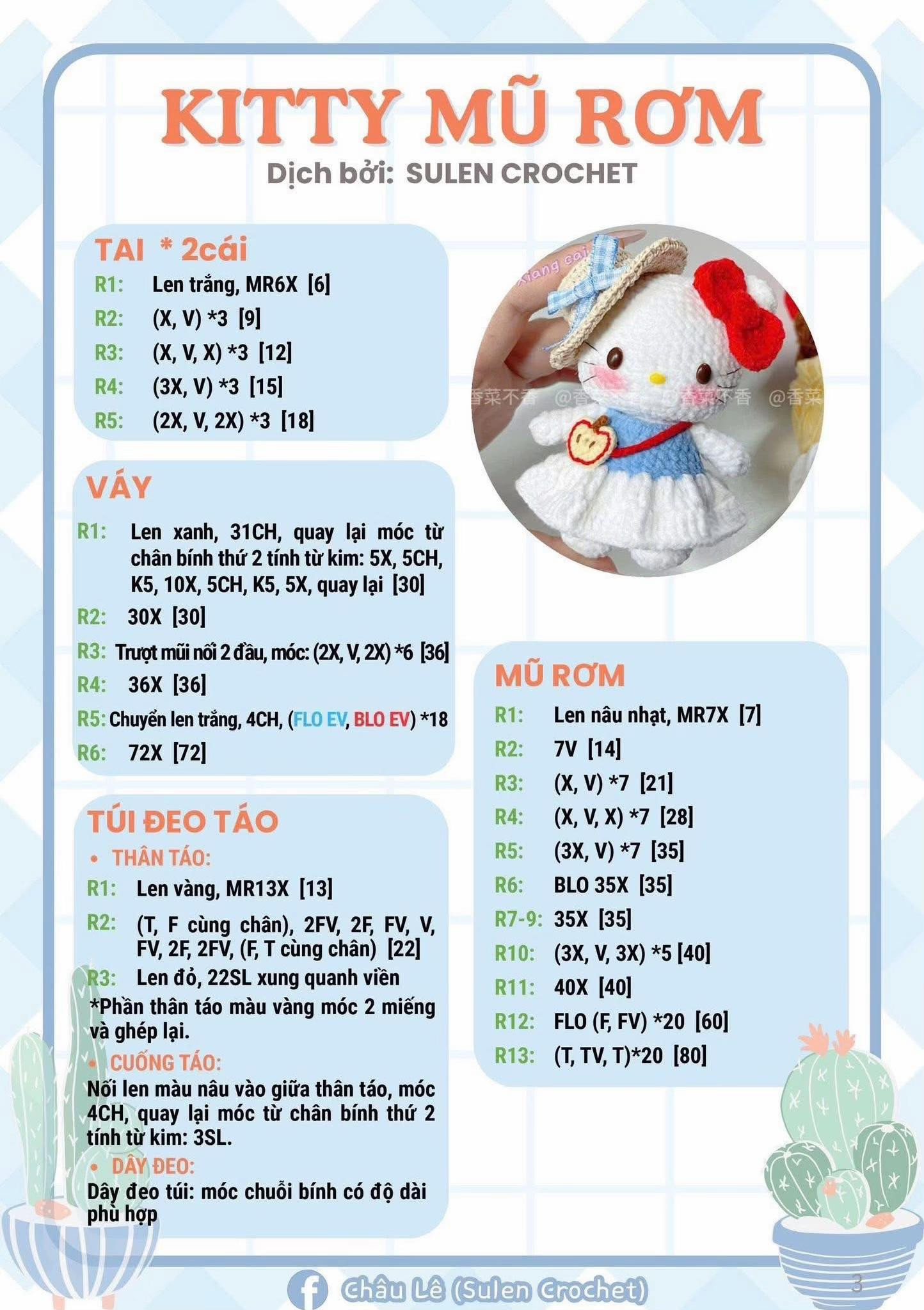 Hướng dẫn móc len Kitty Mũ Rơm và Đầu Bếp dễ thương