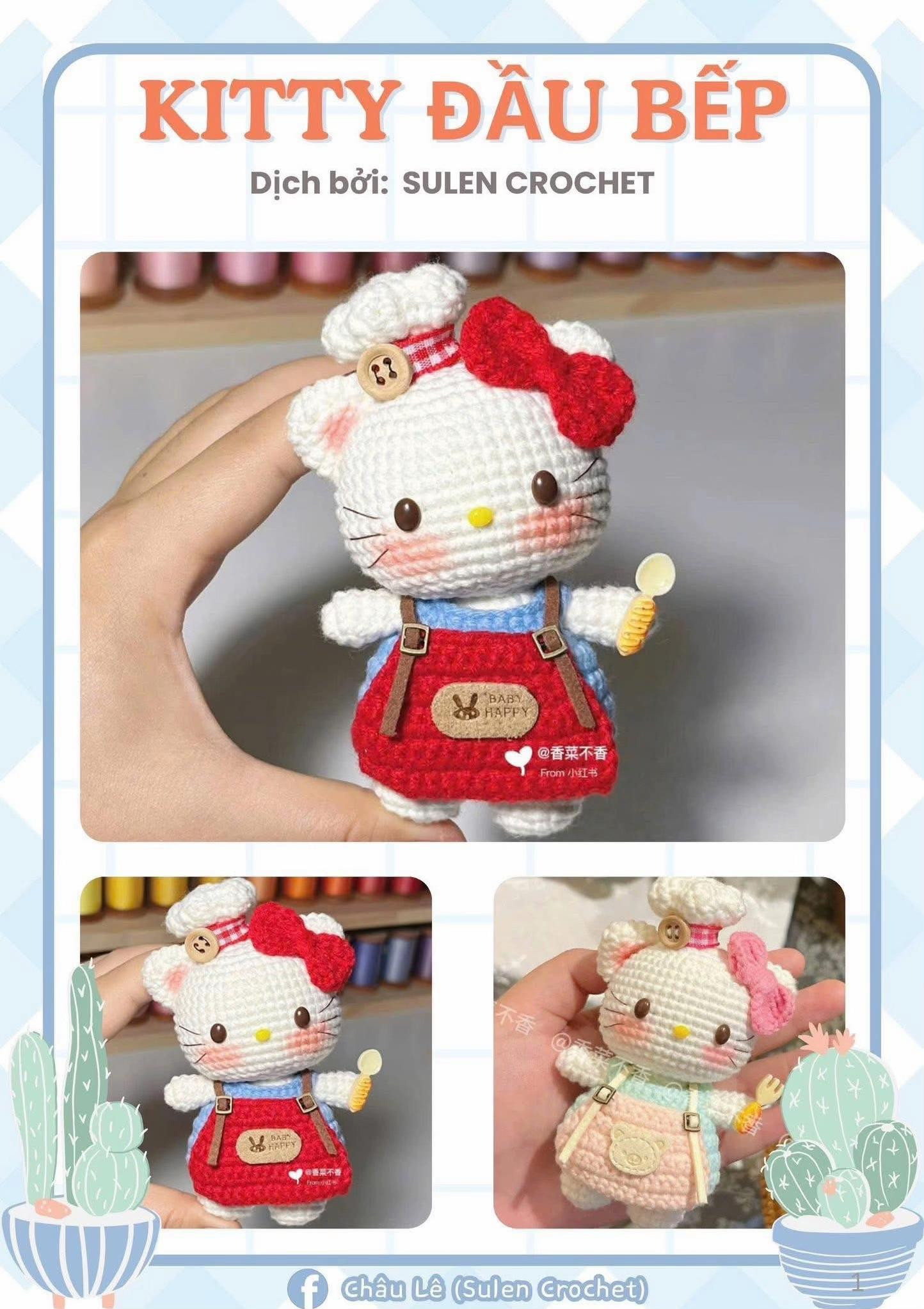 Hướng dẫn móc len Kitty Mũ Rơm và Đầu Bếp dễ thương