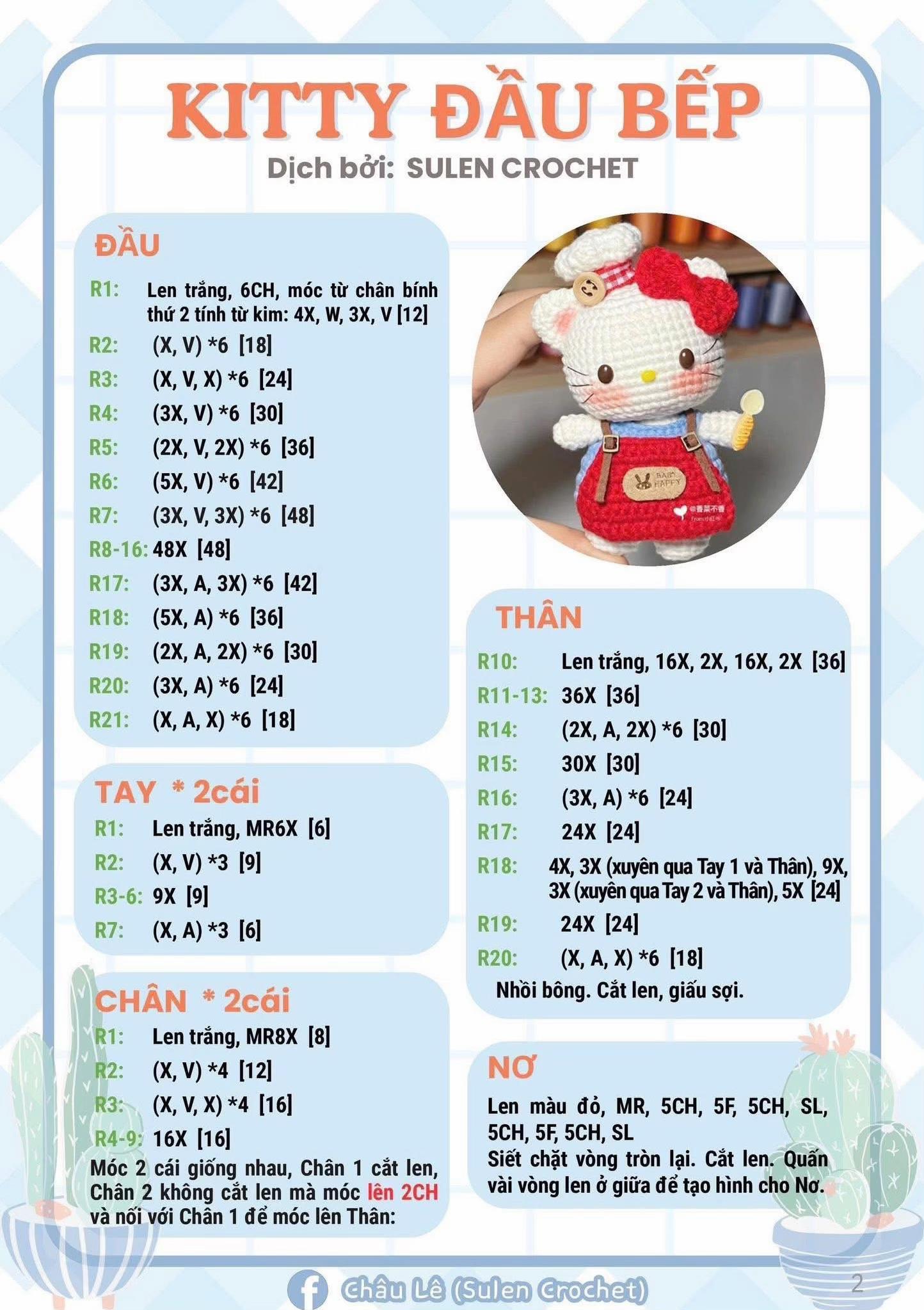 Hướng dẫn móc len Kitty Mũ Rơm và Đầu Bếp dễ thương