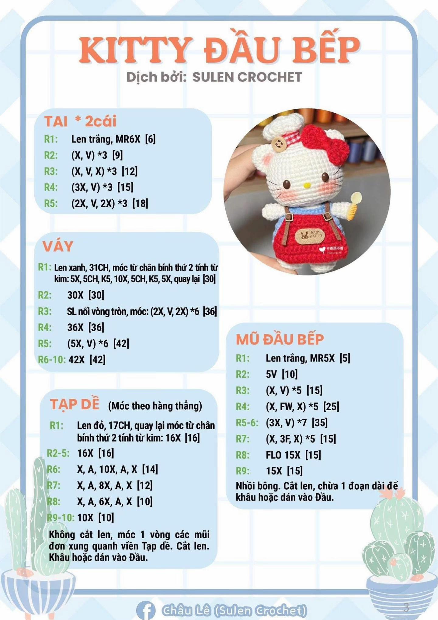 Hướng dẫn móc len Kitty Mũ Rơm và Đầu Bếp dễ thương