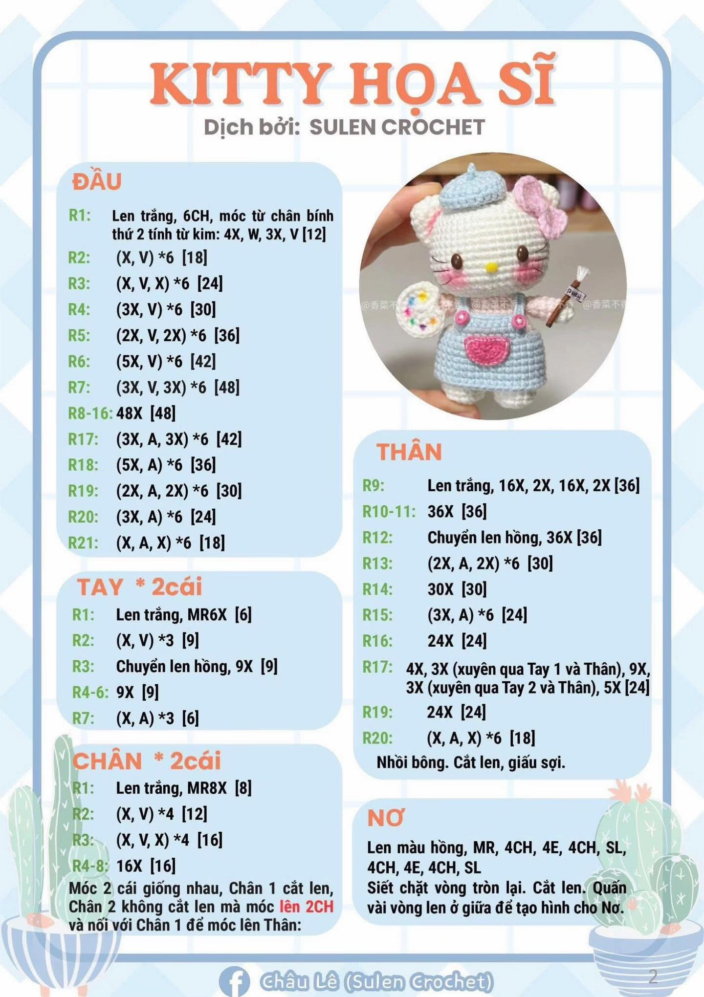 Hướng dẫn móc len Kitty Mũ Rơm và Đầu Bếp dễ thương