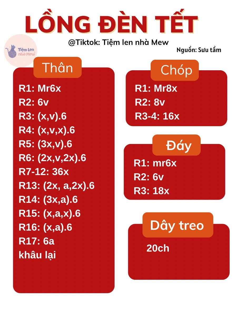 Hướng dẫn móc len Lồng Đèn Tết màu đỏ vàng