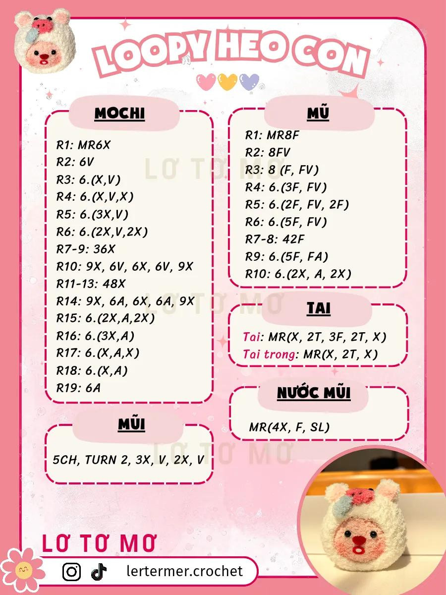 Hướng dẫn móc len Loopy Heo Con Mochi dễ thương