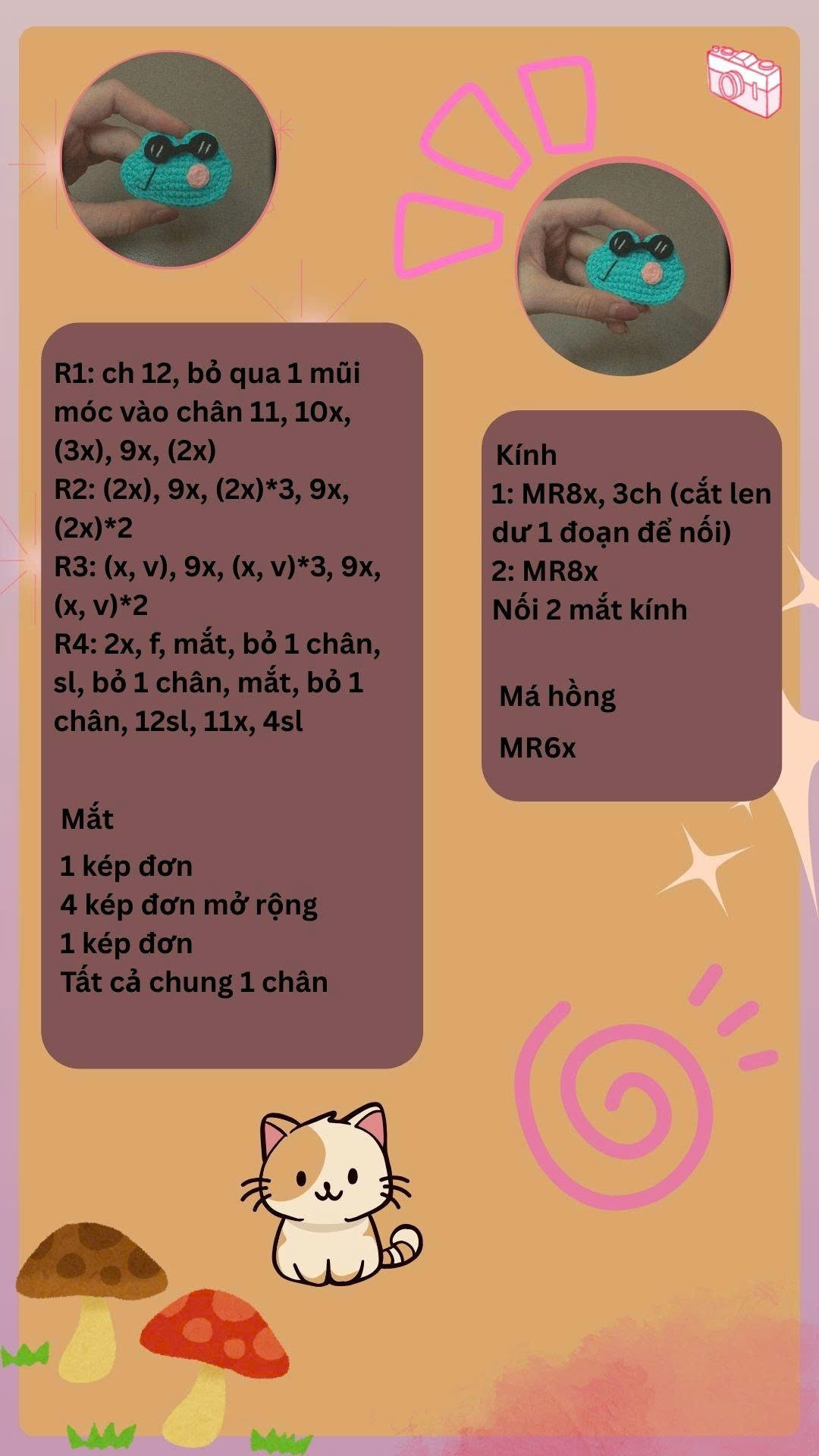 Hướng dẫn móc len mặt chuột xanh đeo kính