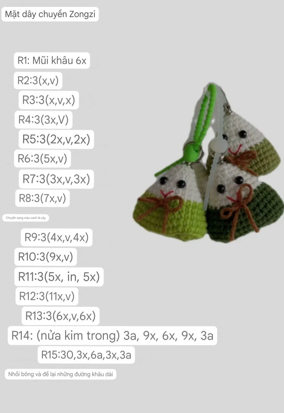 Hướng dẫn móc len mặt dây chuyền Bánh Ú Zongzi dễ thương