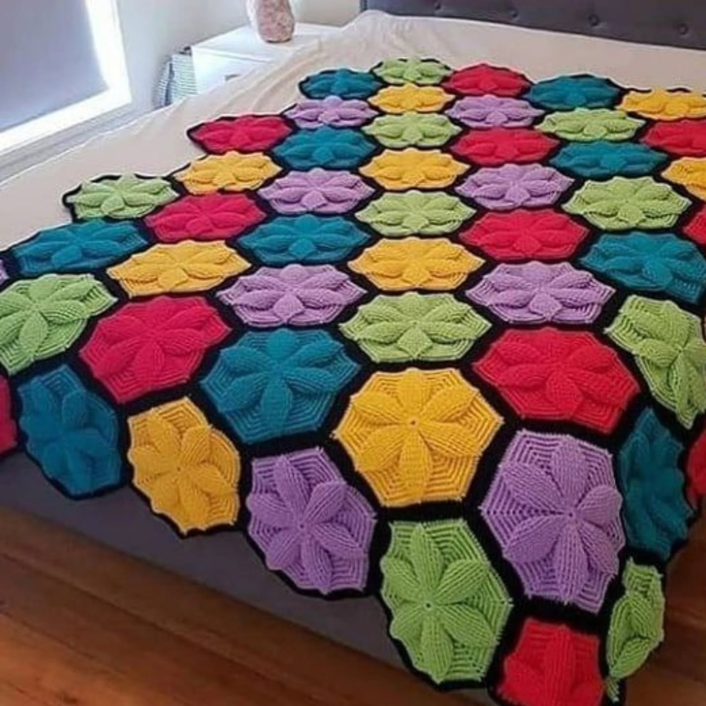 Hướng dẫn móc len mẫu hoa hình lục giác nhiều màu sắc cho chăn