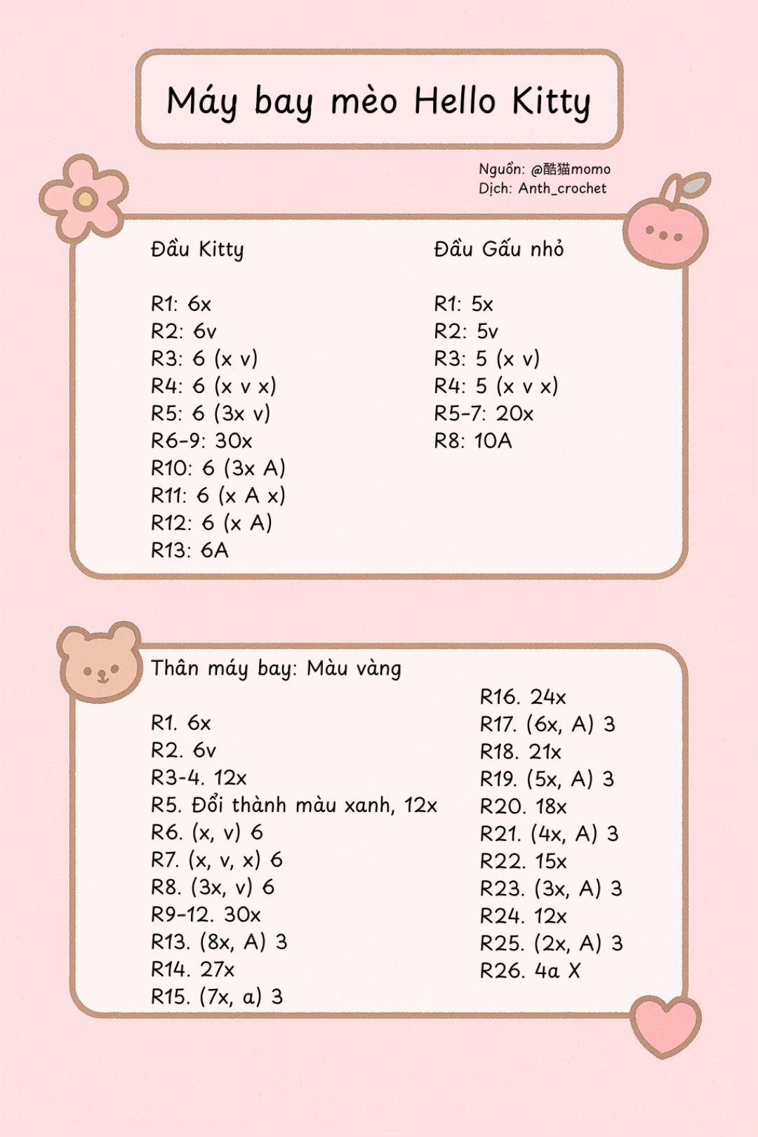 Hướng dẫn móc len máy bay Hello Kitty và Gấu nhỏ dễ thương