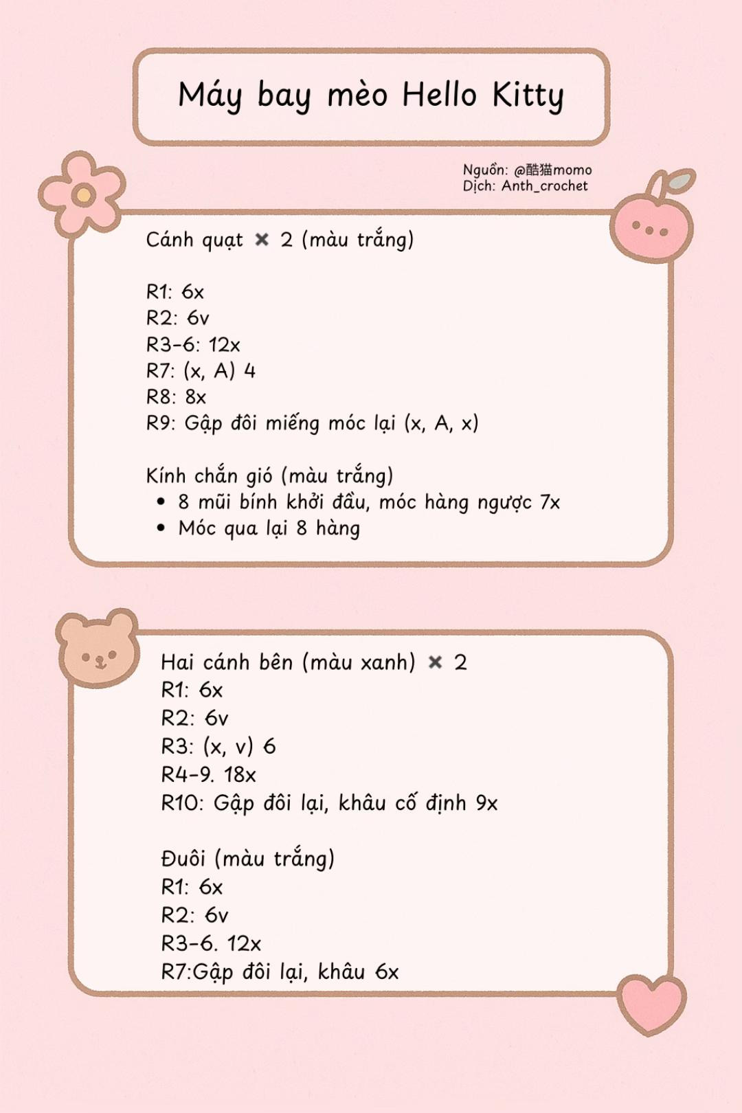 Hướng dẫn móc len máy bay Hello Kitty và Gấu nhỏ dễ thương