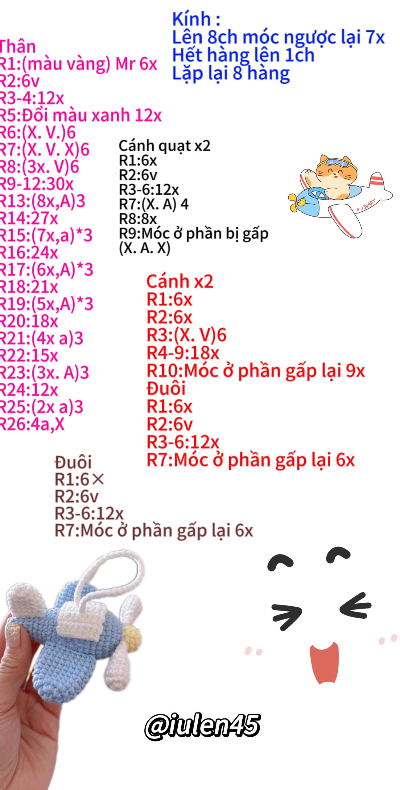 Hướng dẫn móc len máy bay màu xanh trắng dễ thương